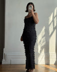 Vintage 90s Pure Silk Tiered Ruffle Dress Navy