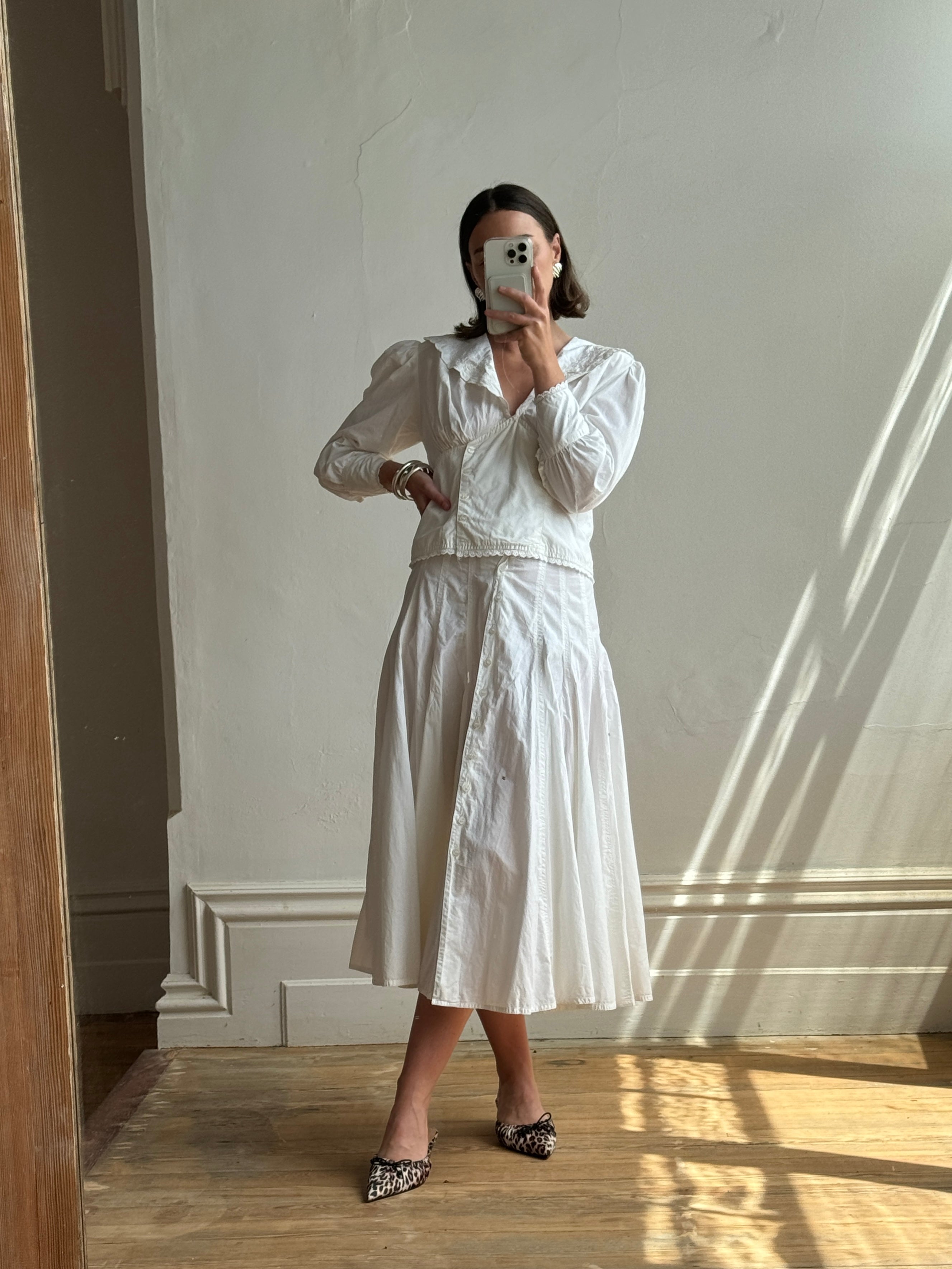 Vintage 80s Cotton Prairie Blouse and A Line Skirt Set