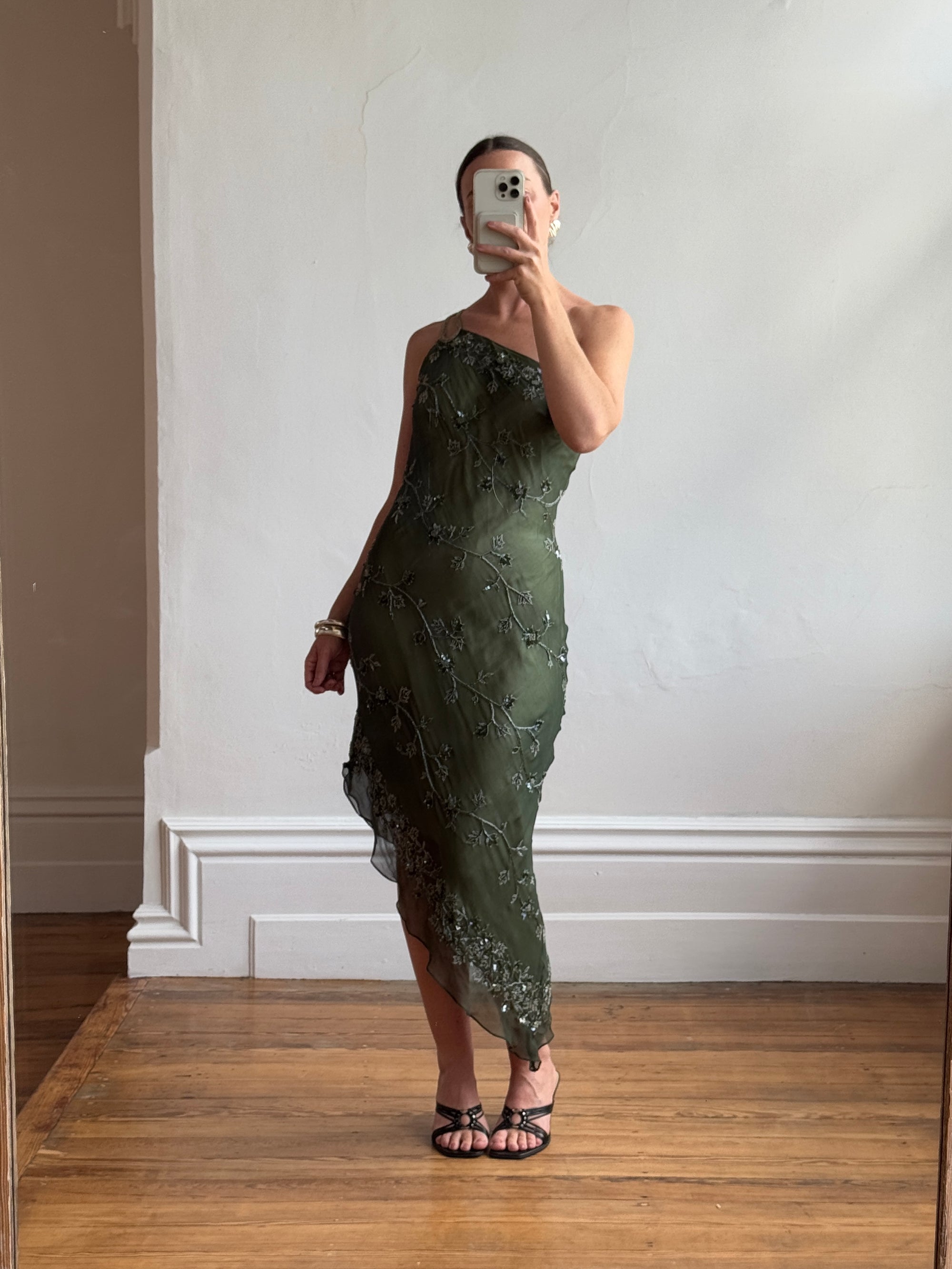 Vintage 90s Pure Silk Embellished Asymmetrical Midi Dress Olive Call Me The Breeze Vintage 90s Pure Silk Embellished Asymmetrical Midi Dress Olive Call Me The Breeze