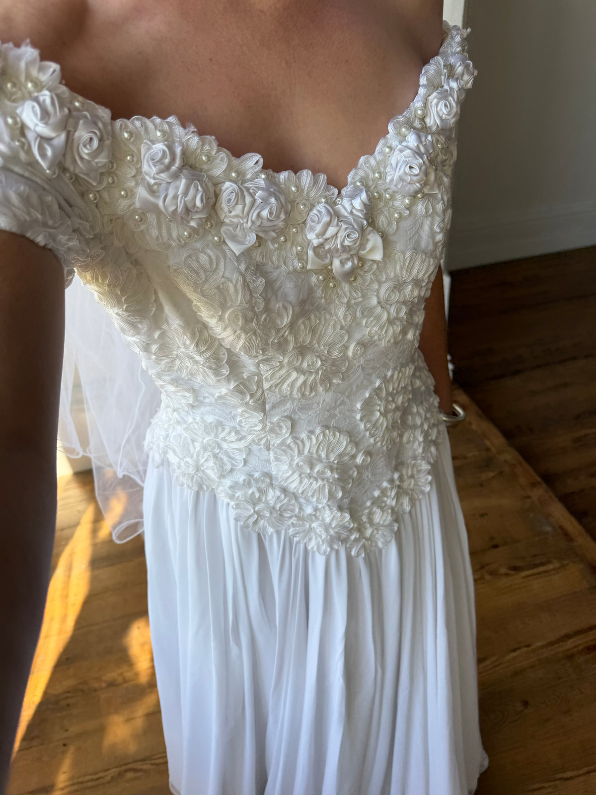 Vintage 80s 3D Floral Off Shoulder Bridal Gown and Veil