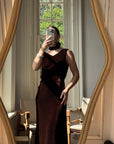 Vintage 30s Brown Velvet Bias Cut Dress With Rosette tie