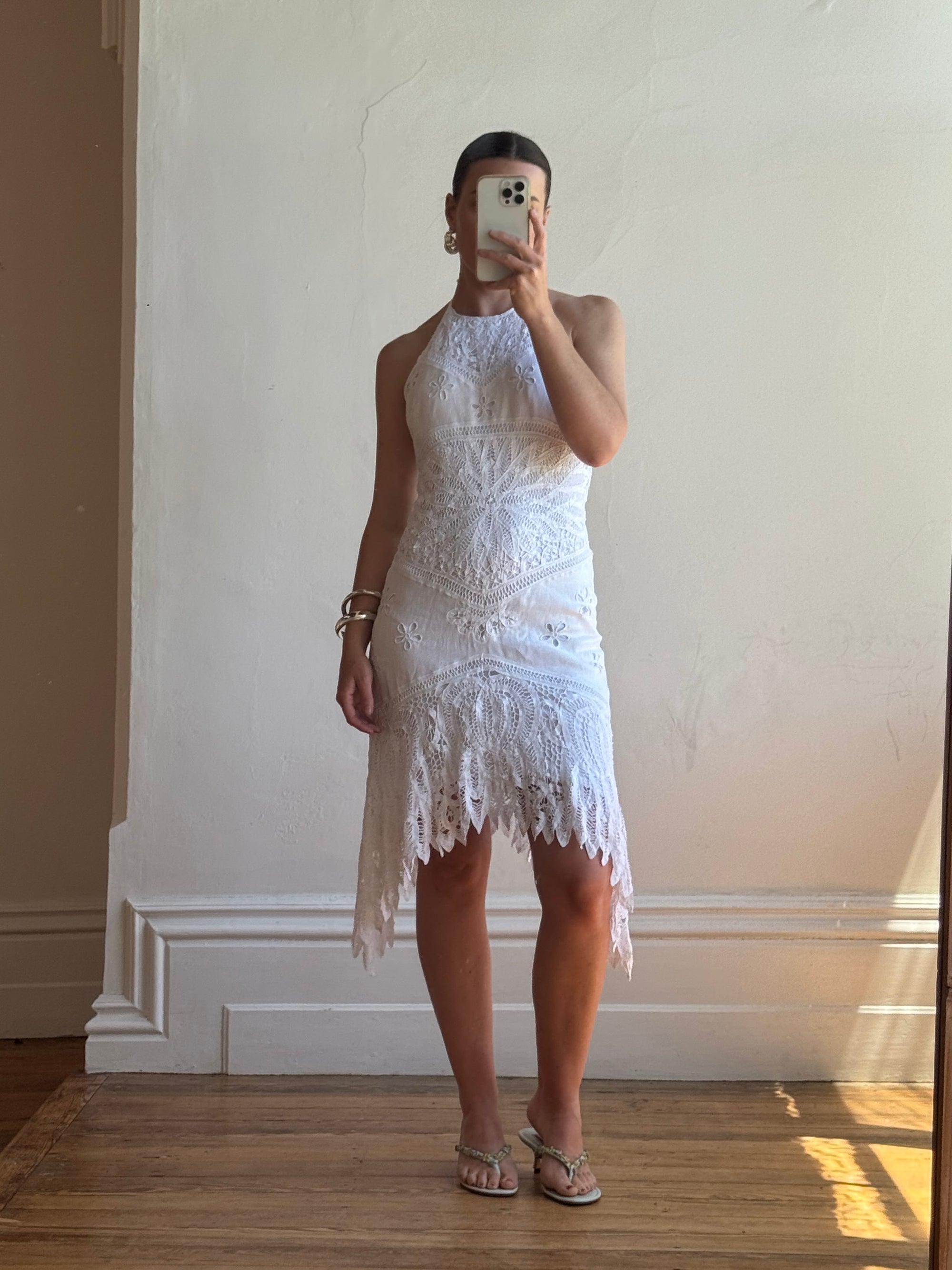 Vintage 90s Crochet Linen Handkerchief Halter Dress