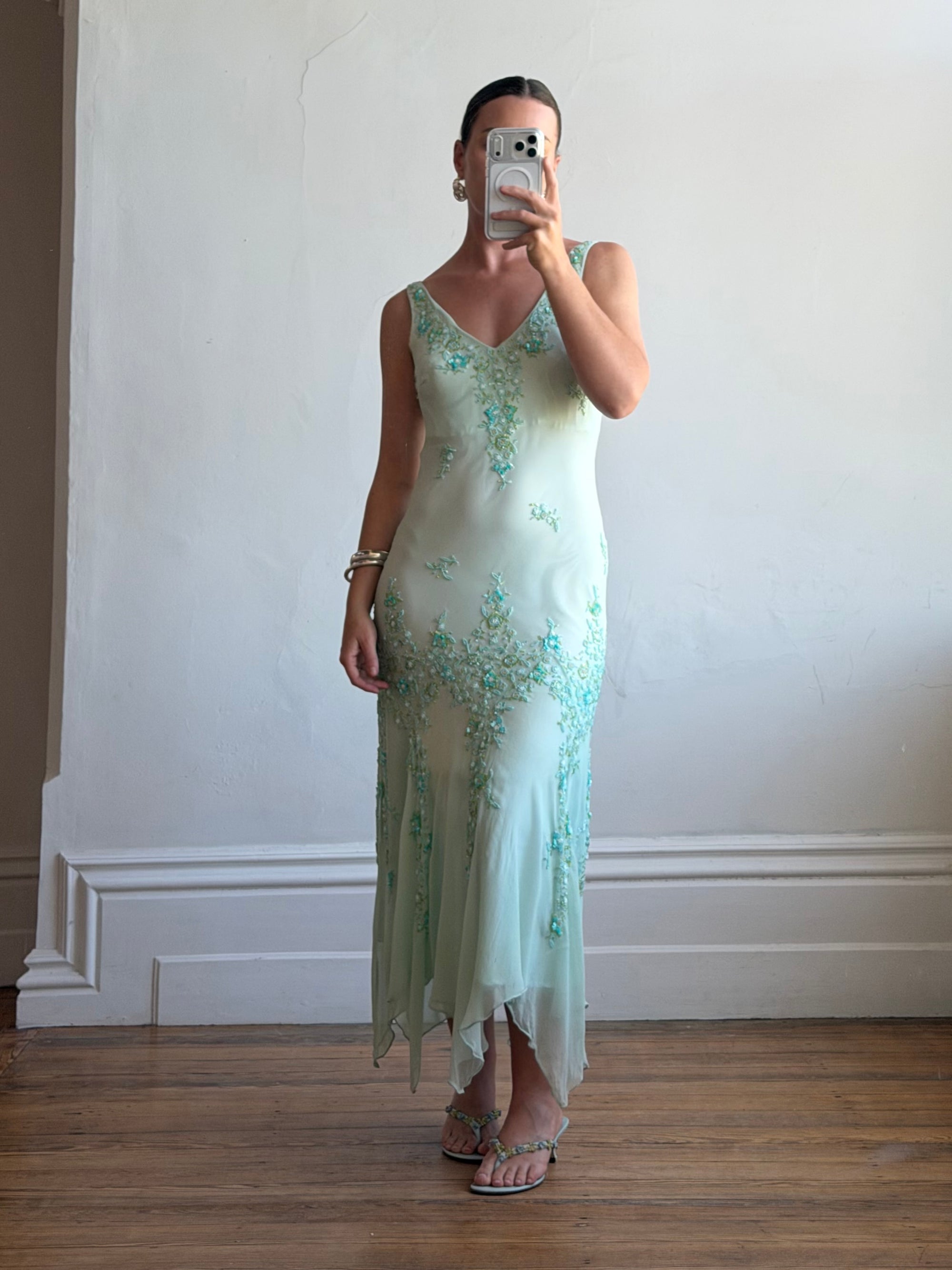Vintage 90s Pure Silk Aquamarine Fairy Beaded Dress