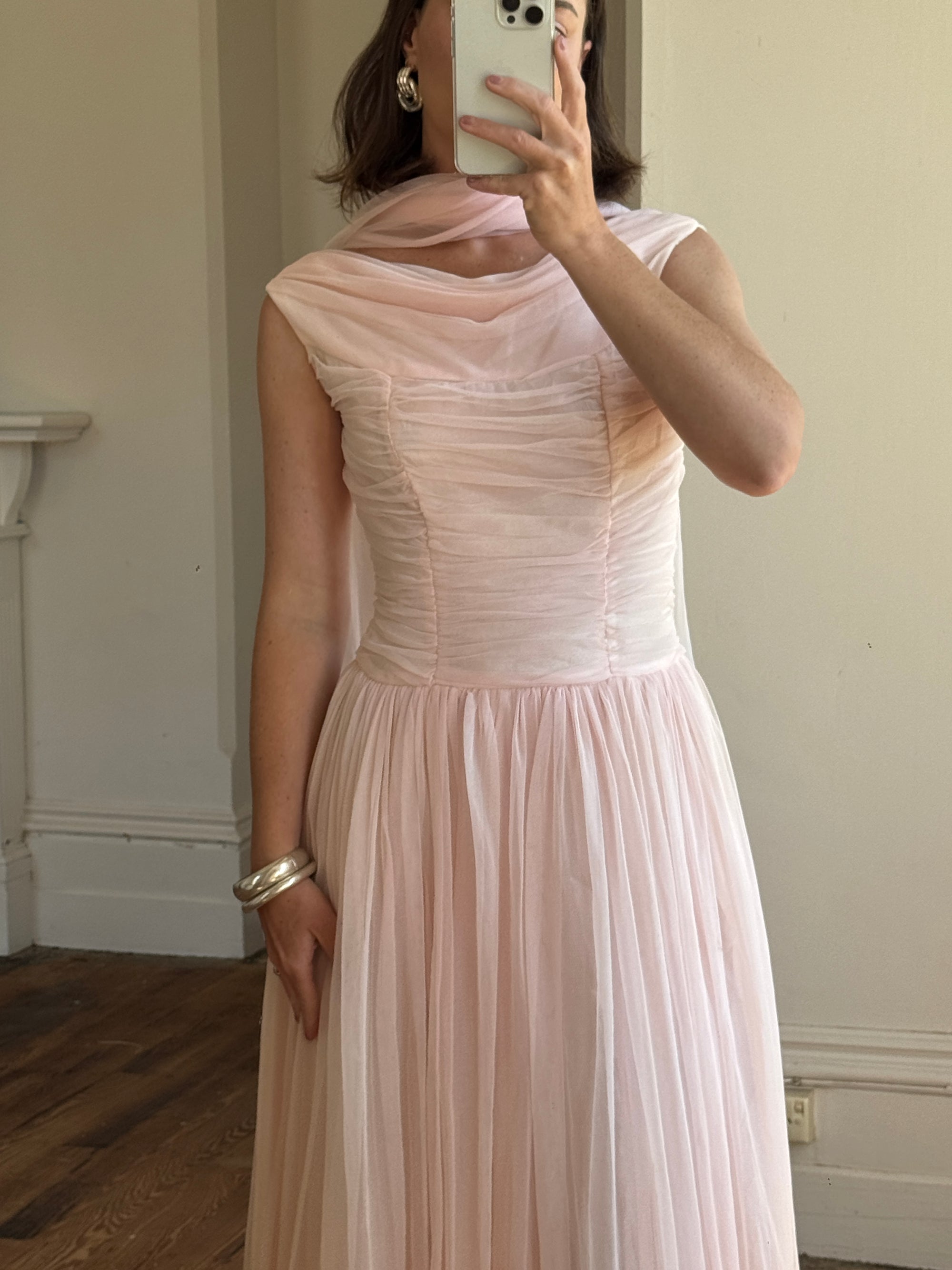 Vintage 60s Chiffon Gathered Pale Pink Maxi Gown