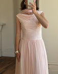 Vintage 60s Chiffon Gathered Pale Pink Maxi Gown