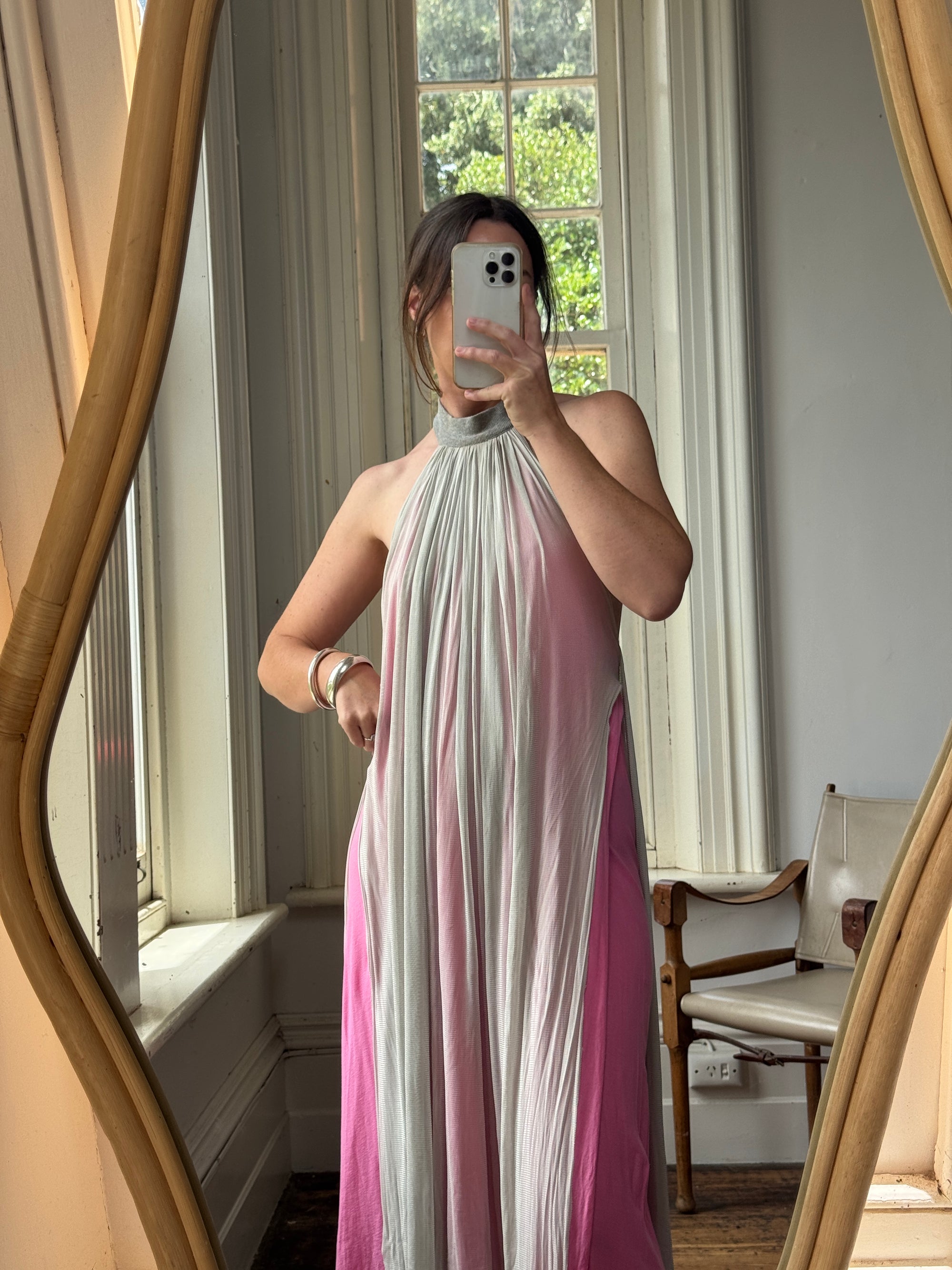 Vintage Y2K Mesh Silk Halter Dress Hot Pink