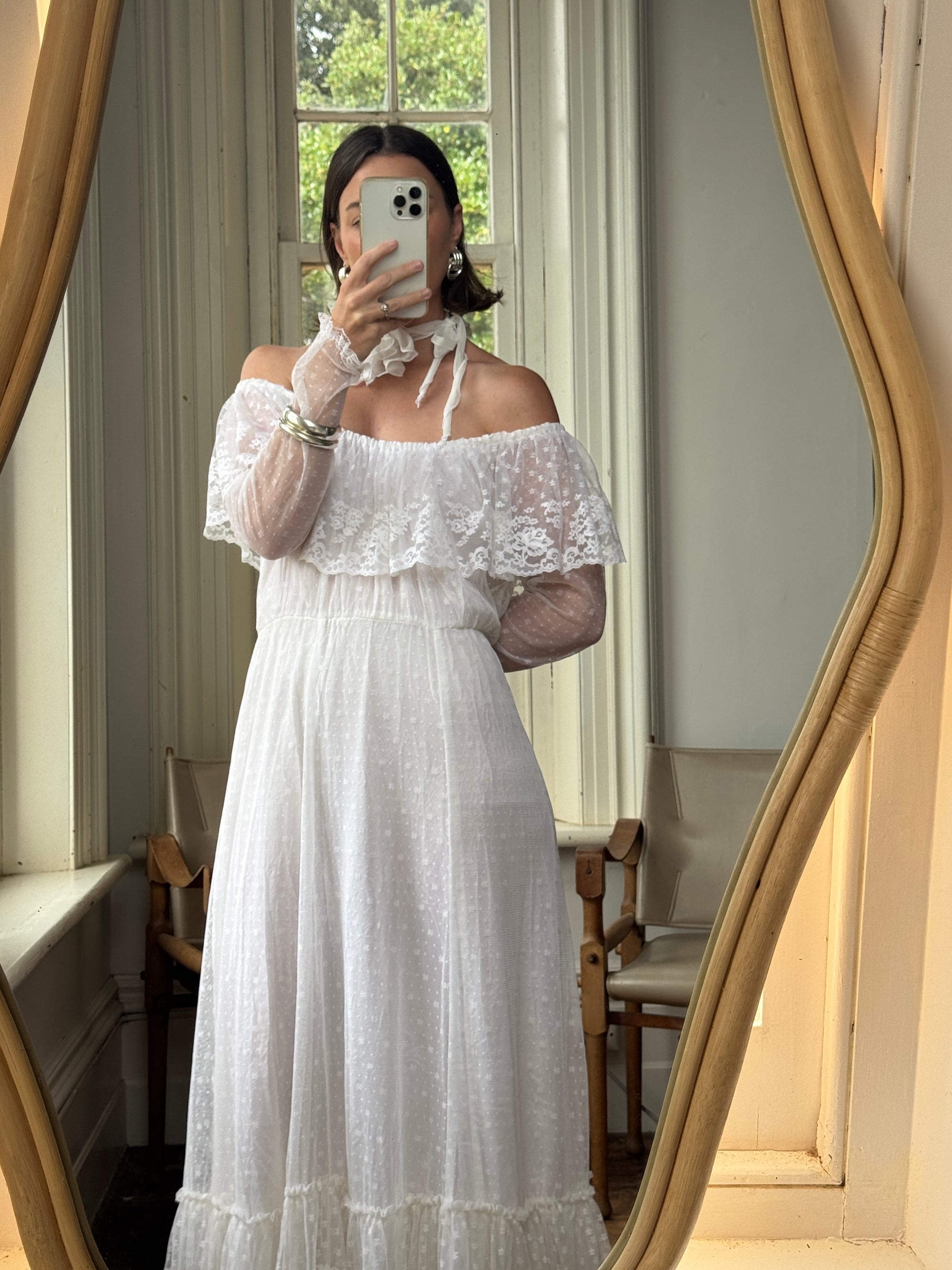 Vintage 70s Australian Made Off Lace Frill Wedding Gown