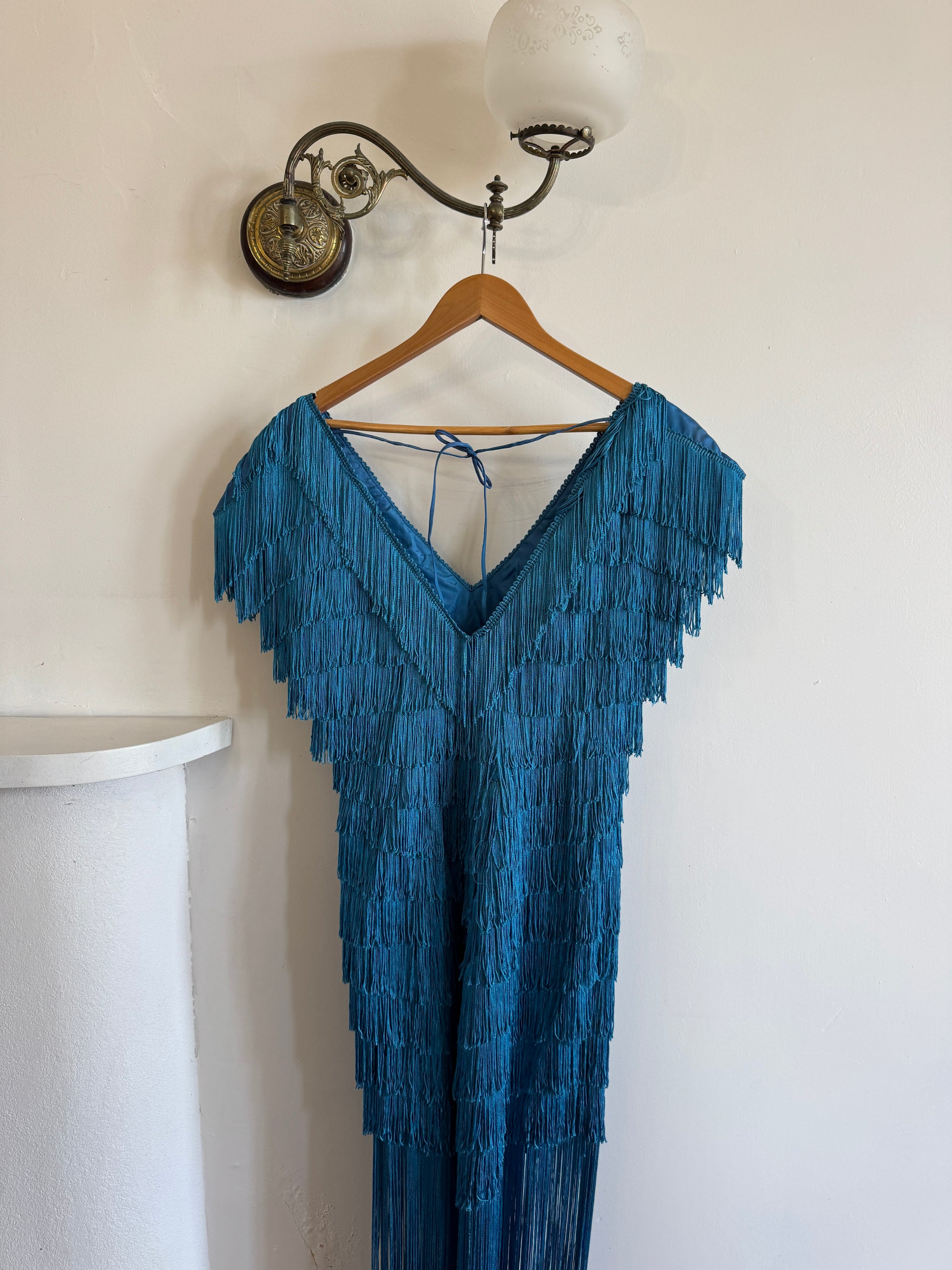Vintage 80s Fringe Party Dress Ocean Blue