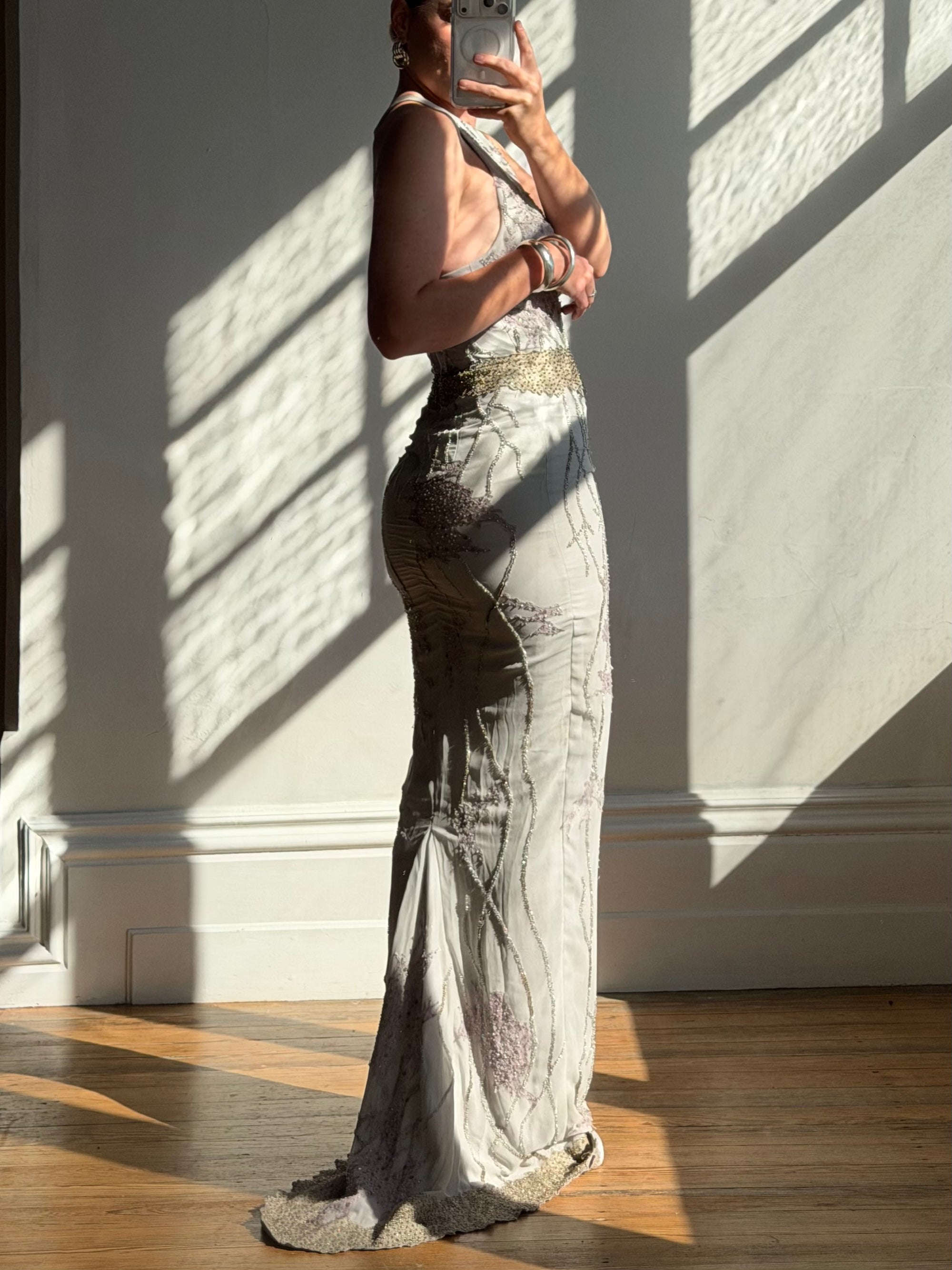 Vintage 90s Pure Silk High Front Embellished Lavender Gown