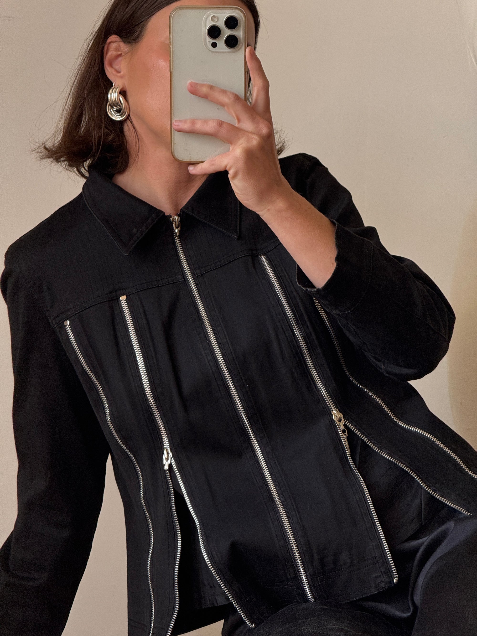 Vintage 90s Denim Multi Zip Jacket Noir