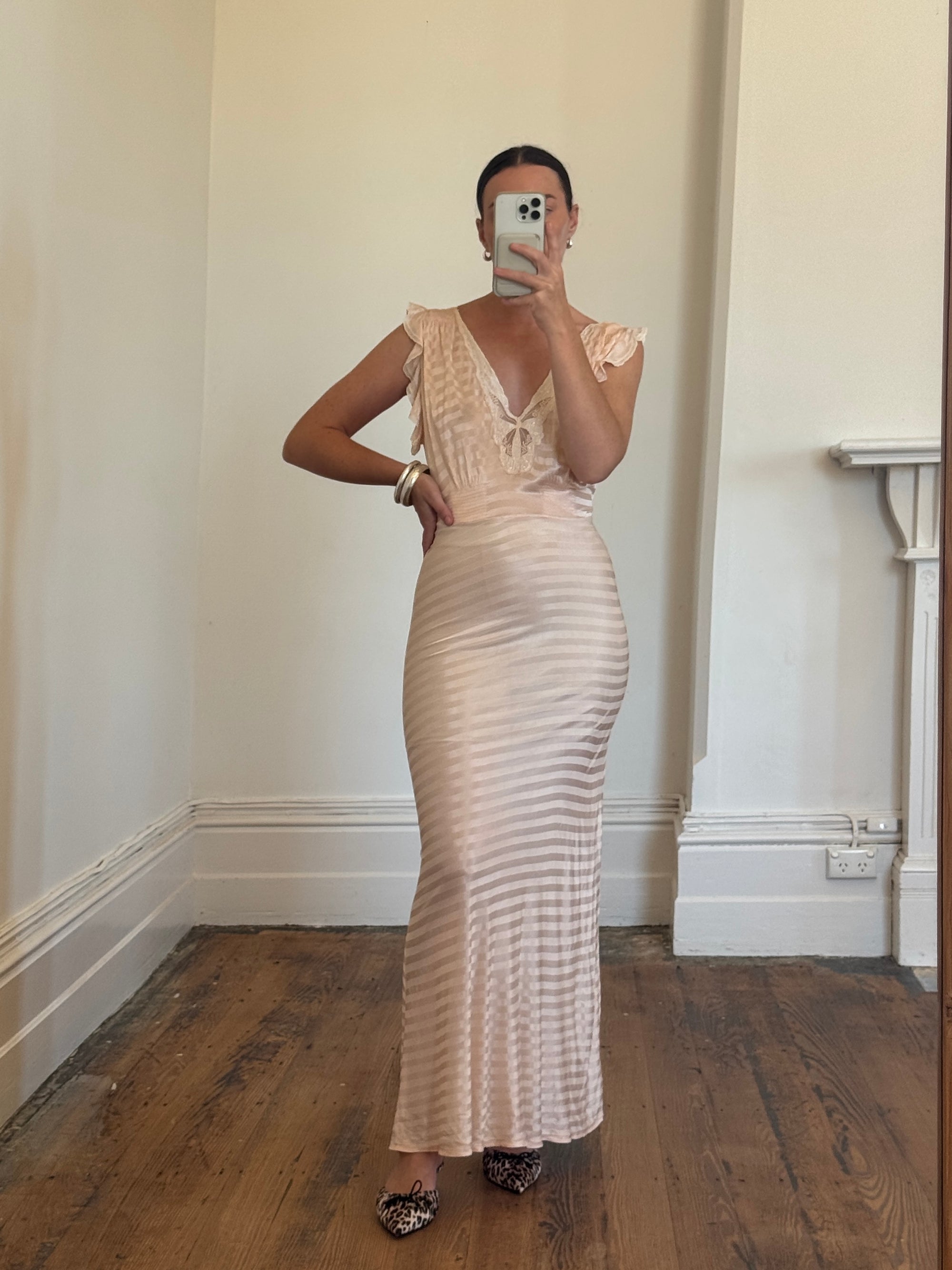 Vintage 50s Slip Smocked Dress Stripe Pink