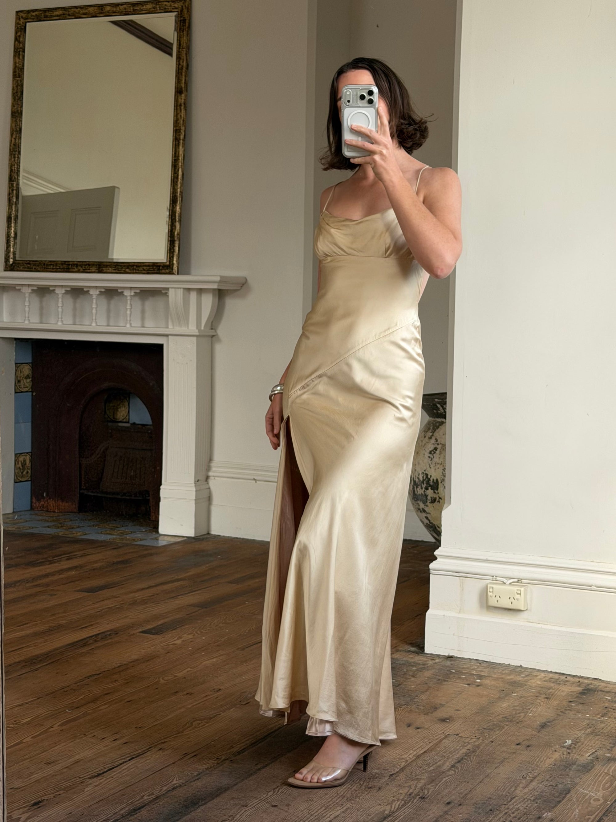 Vintage 90s Pure Silk Bias Cut Split Gown Champagne