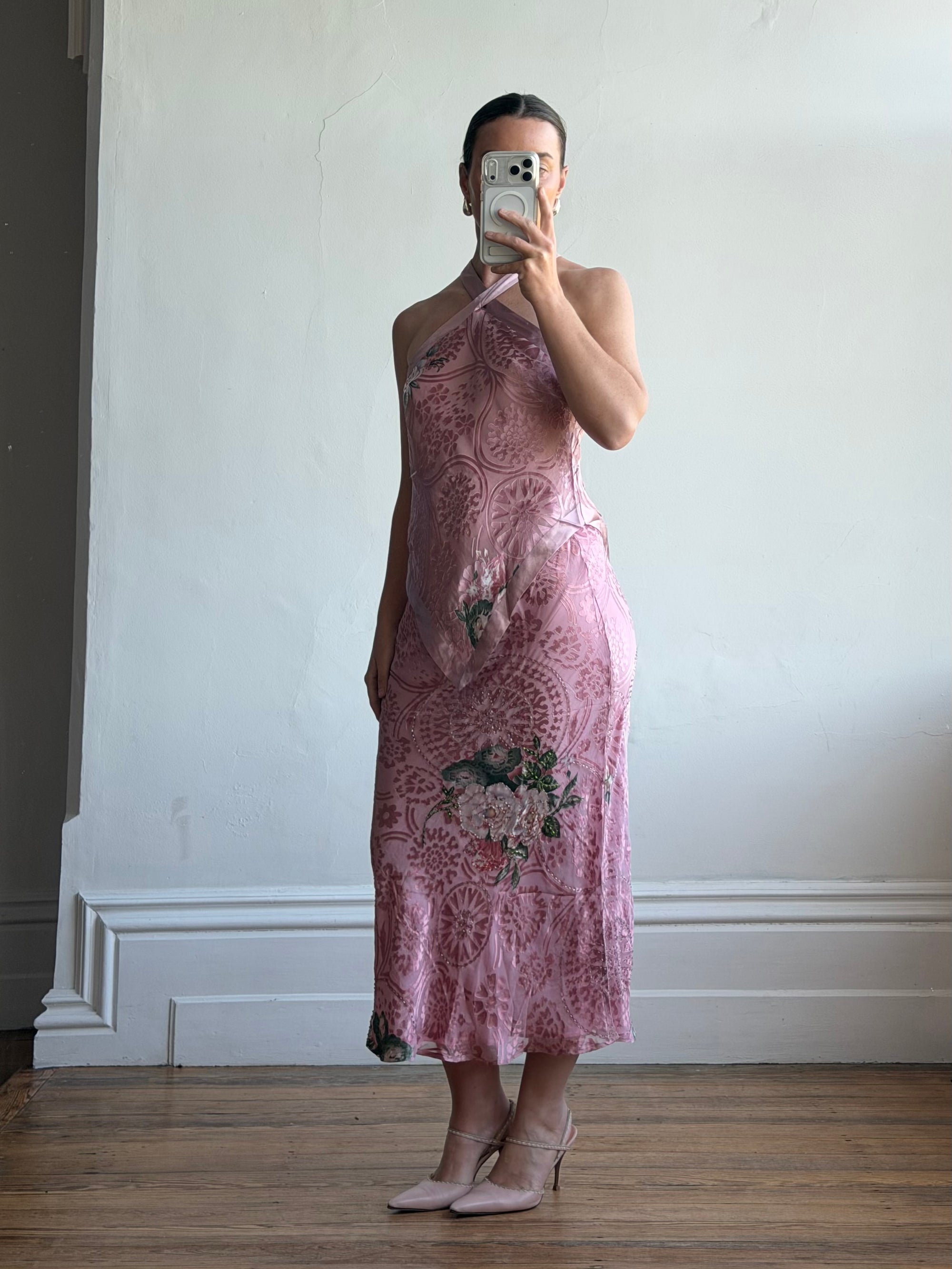 Vintage 90s Dusty Rose Floral Silk Halter Scarf Top and Skirt Set