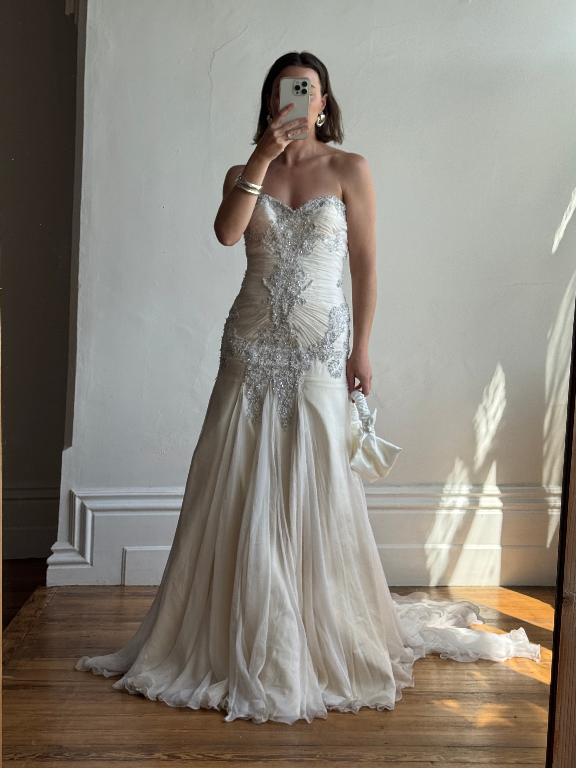 Vintage 90s Pure Silk Couture Drop Waist Wedding Gown