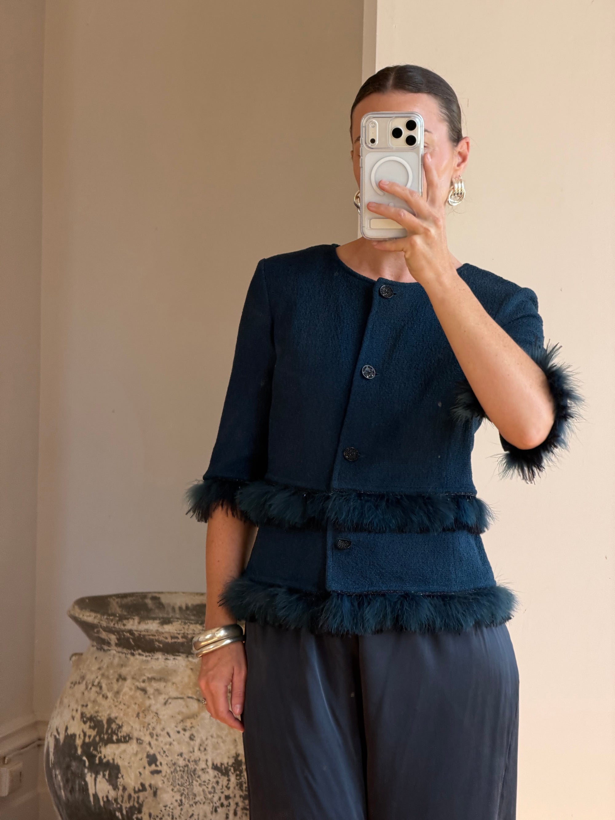 Vintage 90s Couture Ostrich Feather Jacket Navy