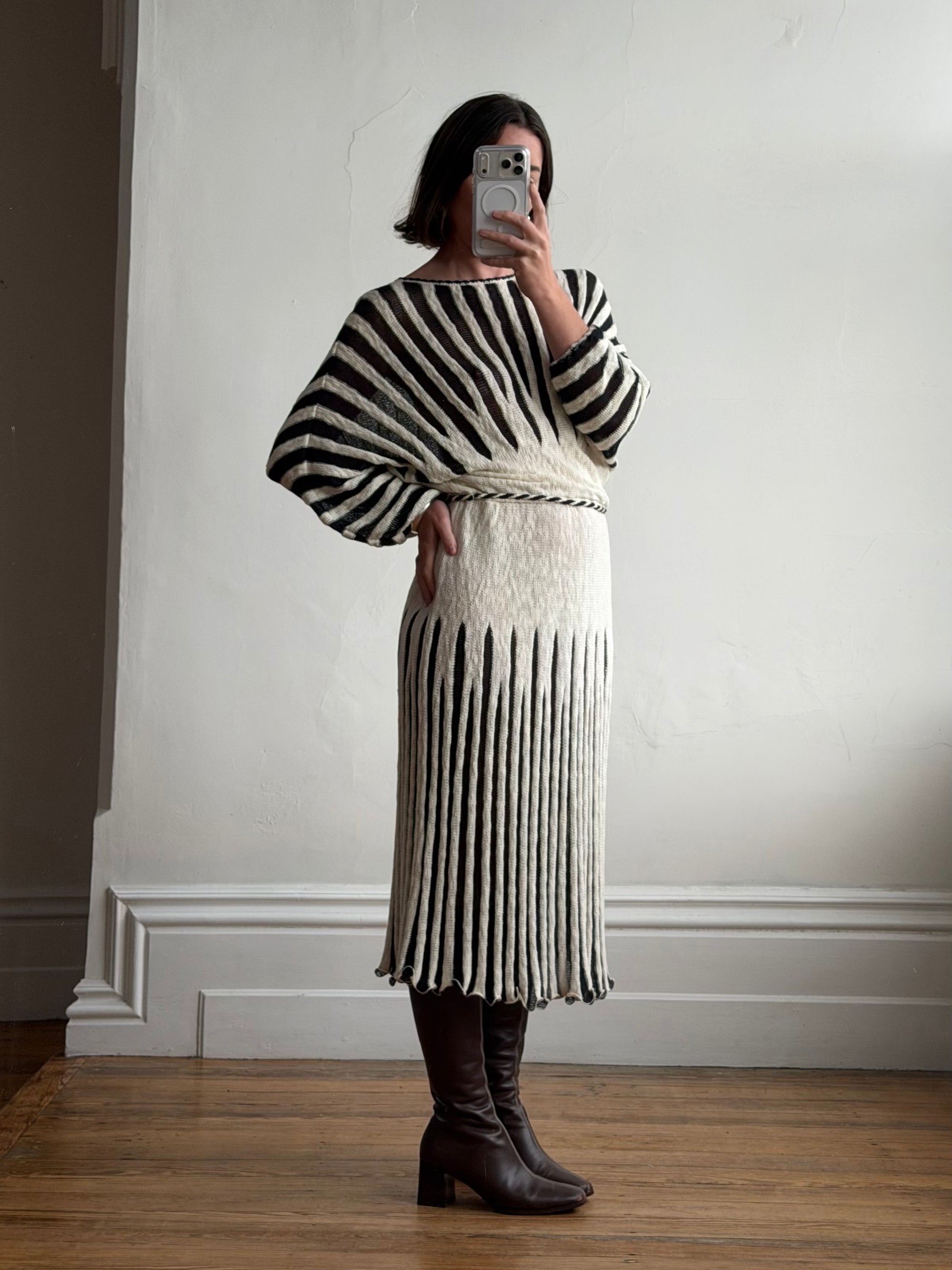 Vintage 70s Knit Batwing Midi Dress Black and Cream