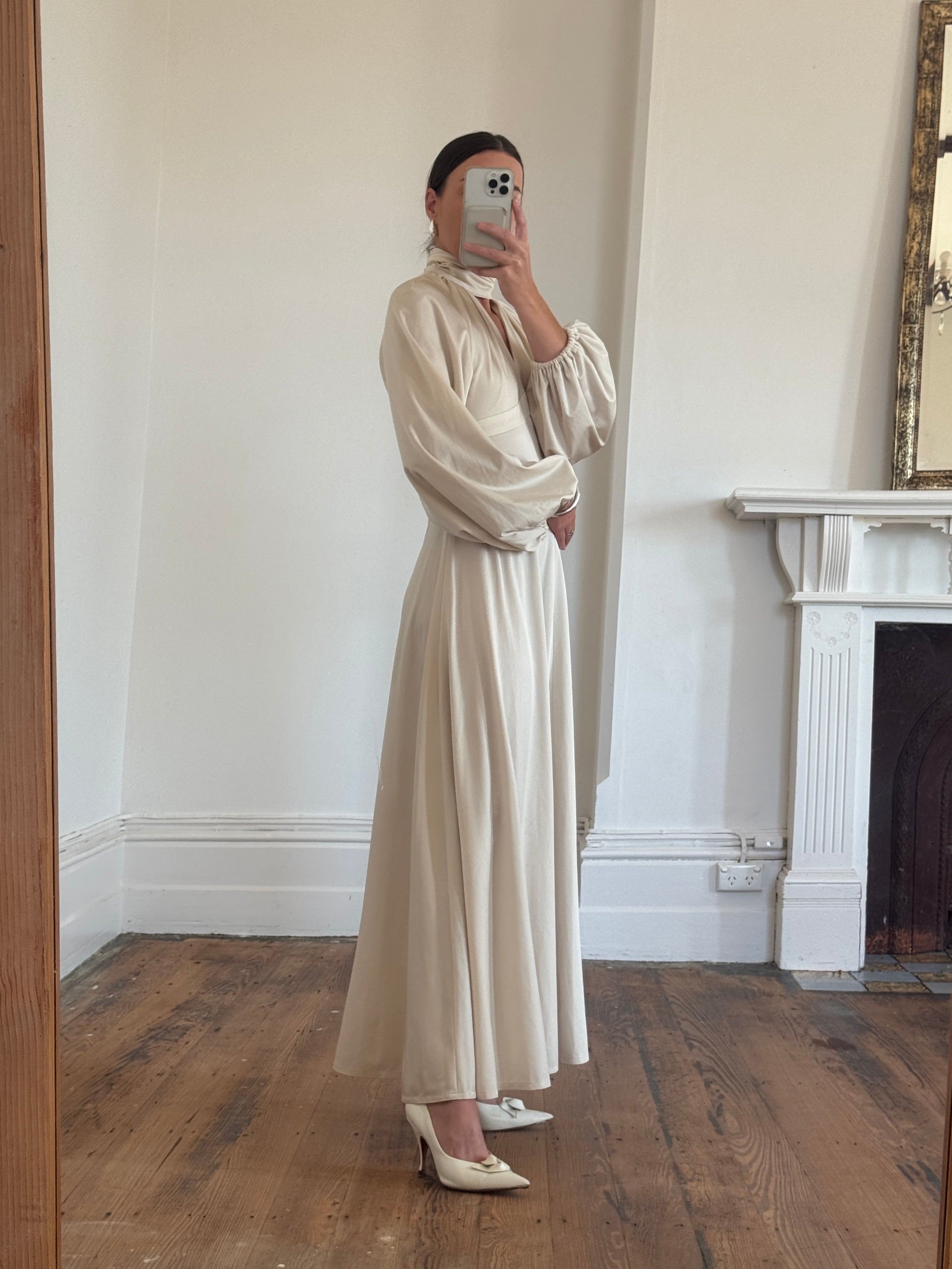 Vintage 70s Jersey High Neck Maxi Dress Creme