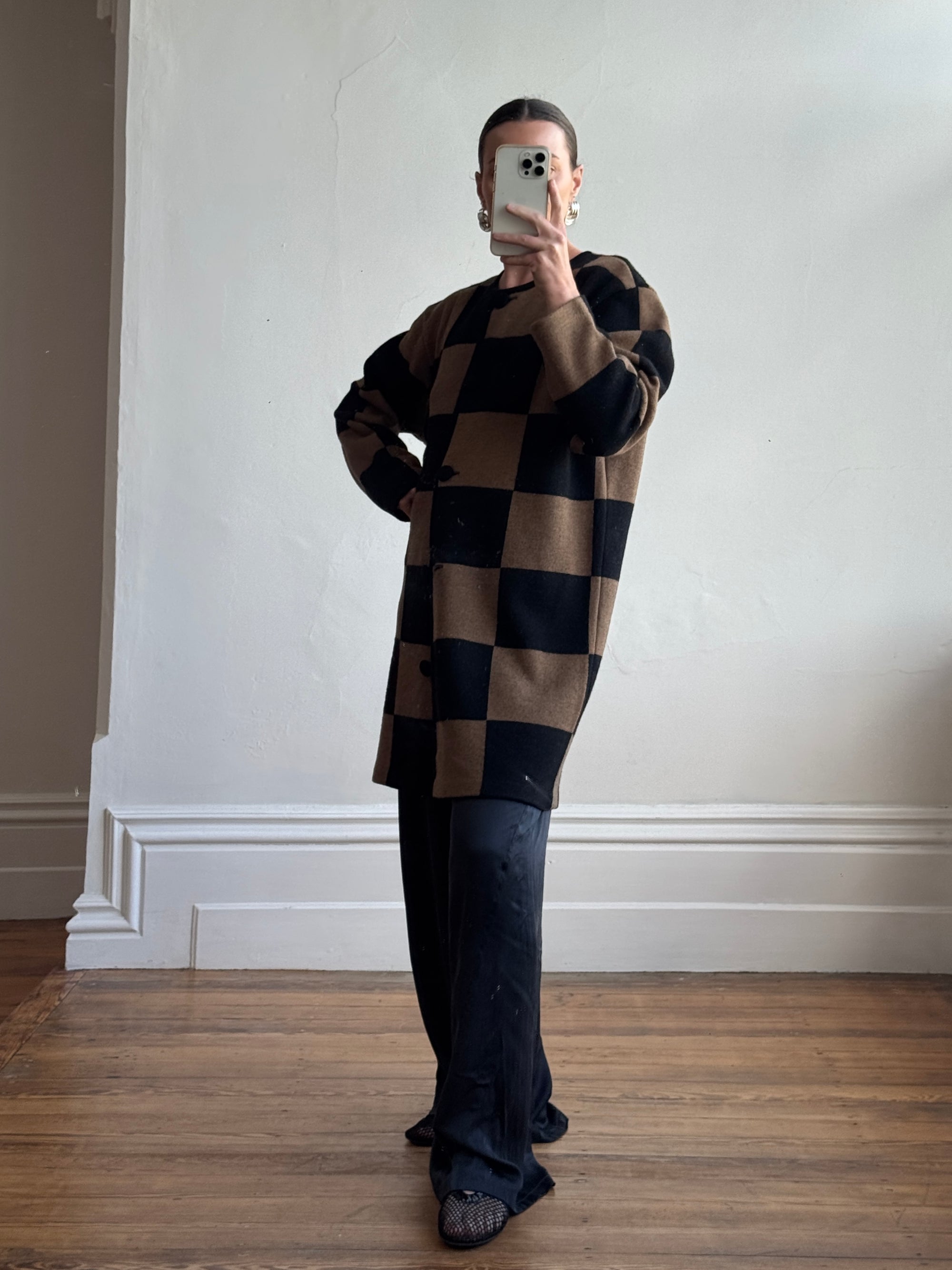Vintage 80s Pure Wool Checkerboard Oversized Cardi