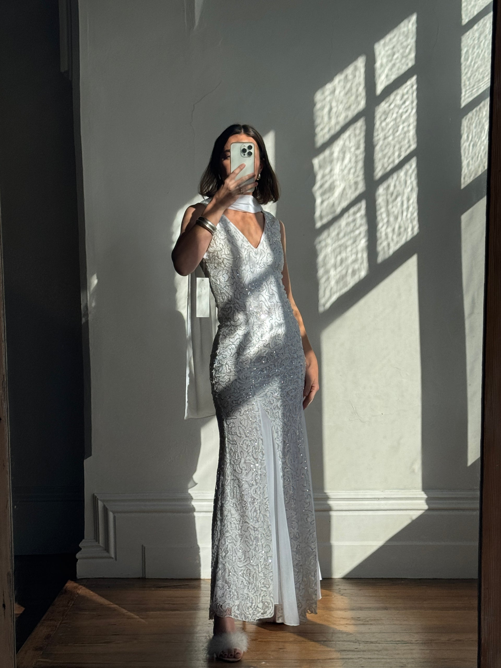 Vintage 90s Silver Sequin Fairy Wedding Dress With Scarf Call Me The Breeze Vintage 90s Silver Sequin Fairy Wedding Dress With Scarf Call Me The Breeze