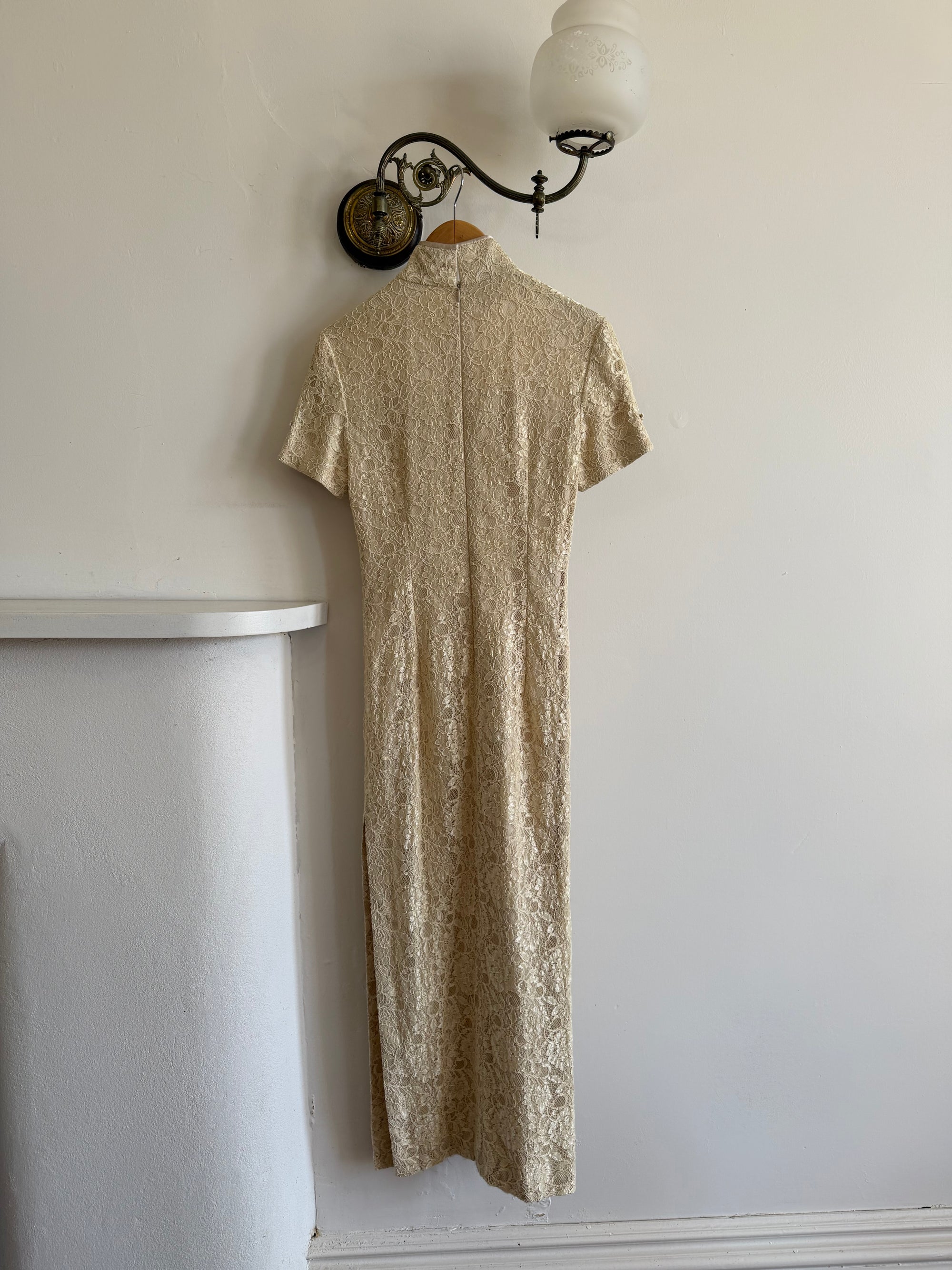 Vintage 90s Mandarin Collar Guipure Lace Midi Dress