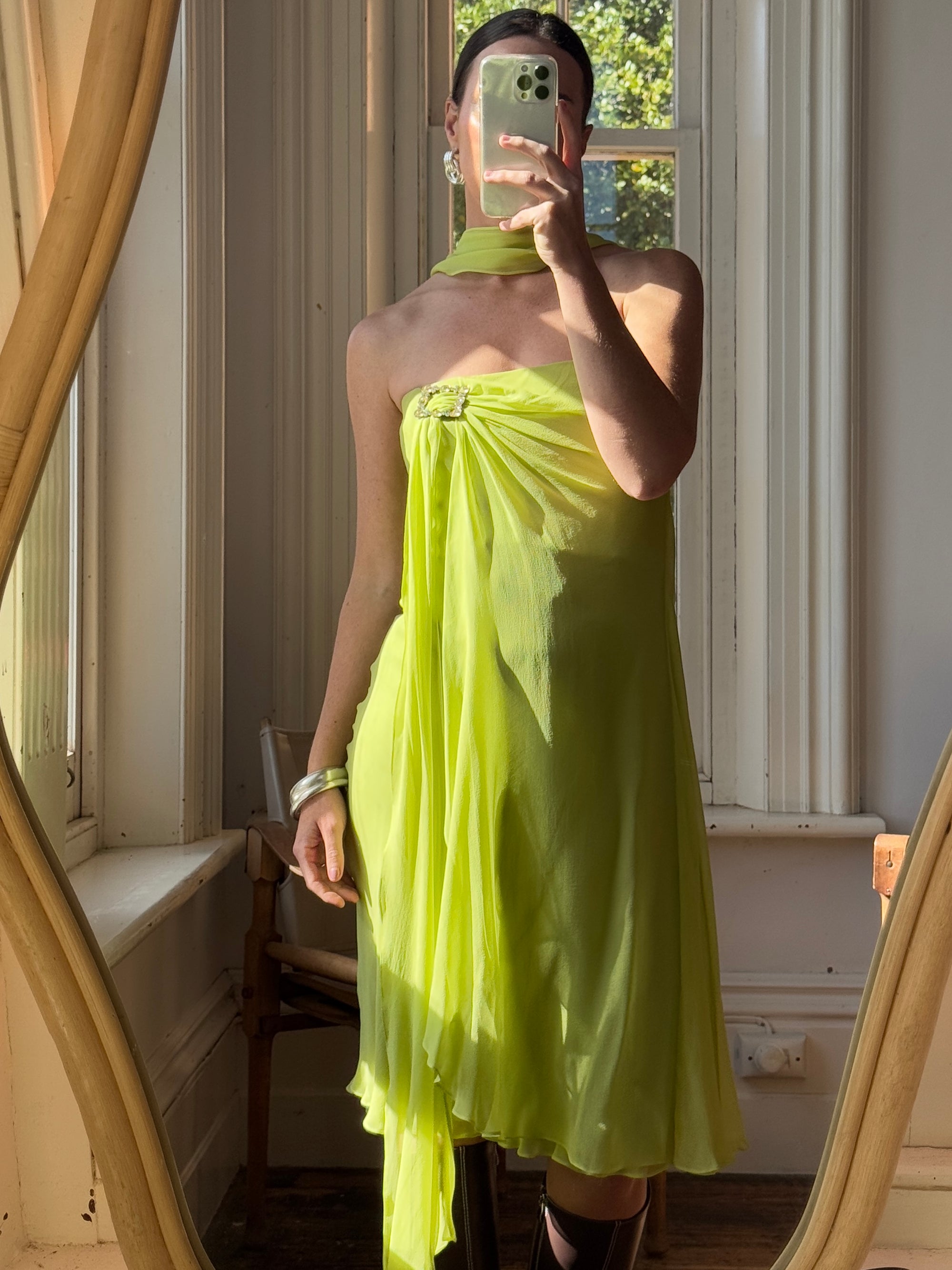 Vintage Y2K Chartreuse Strapless Pure Silk Brooch Dress