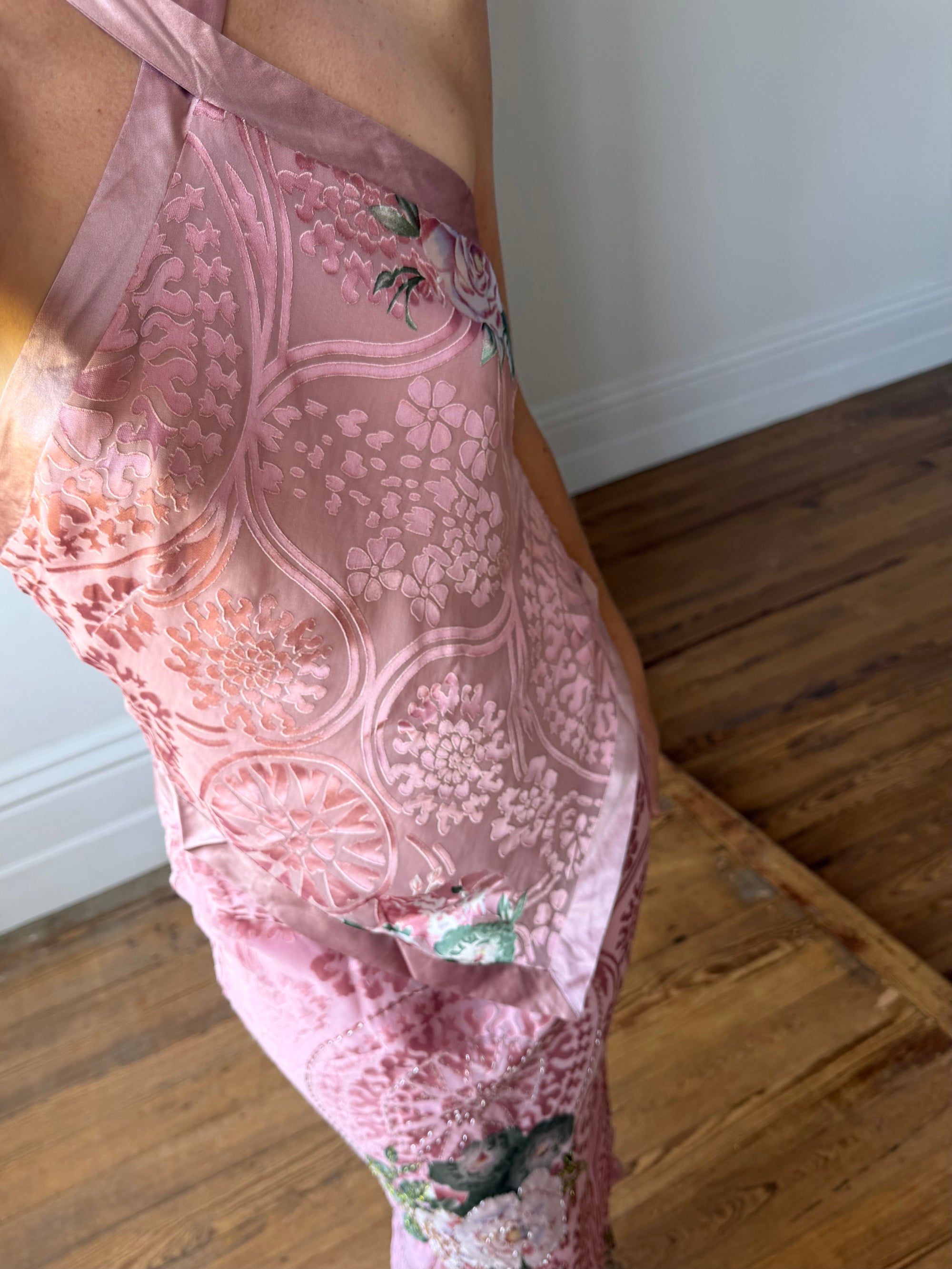 Vintage 90s Dusty Rose Floral Silk Halter Scarf Top and Skirt Set