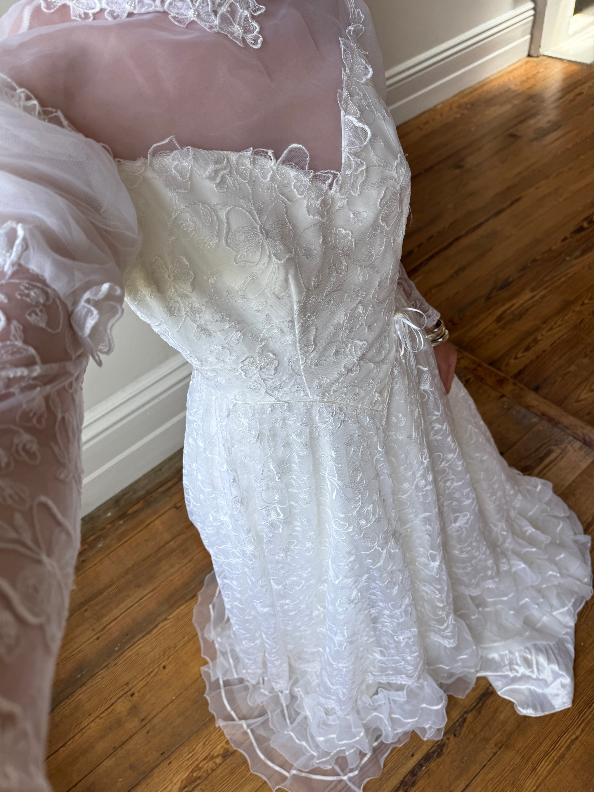 Vintage 70s Puff Sleeve Organza Ruffle Wedding Gown