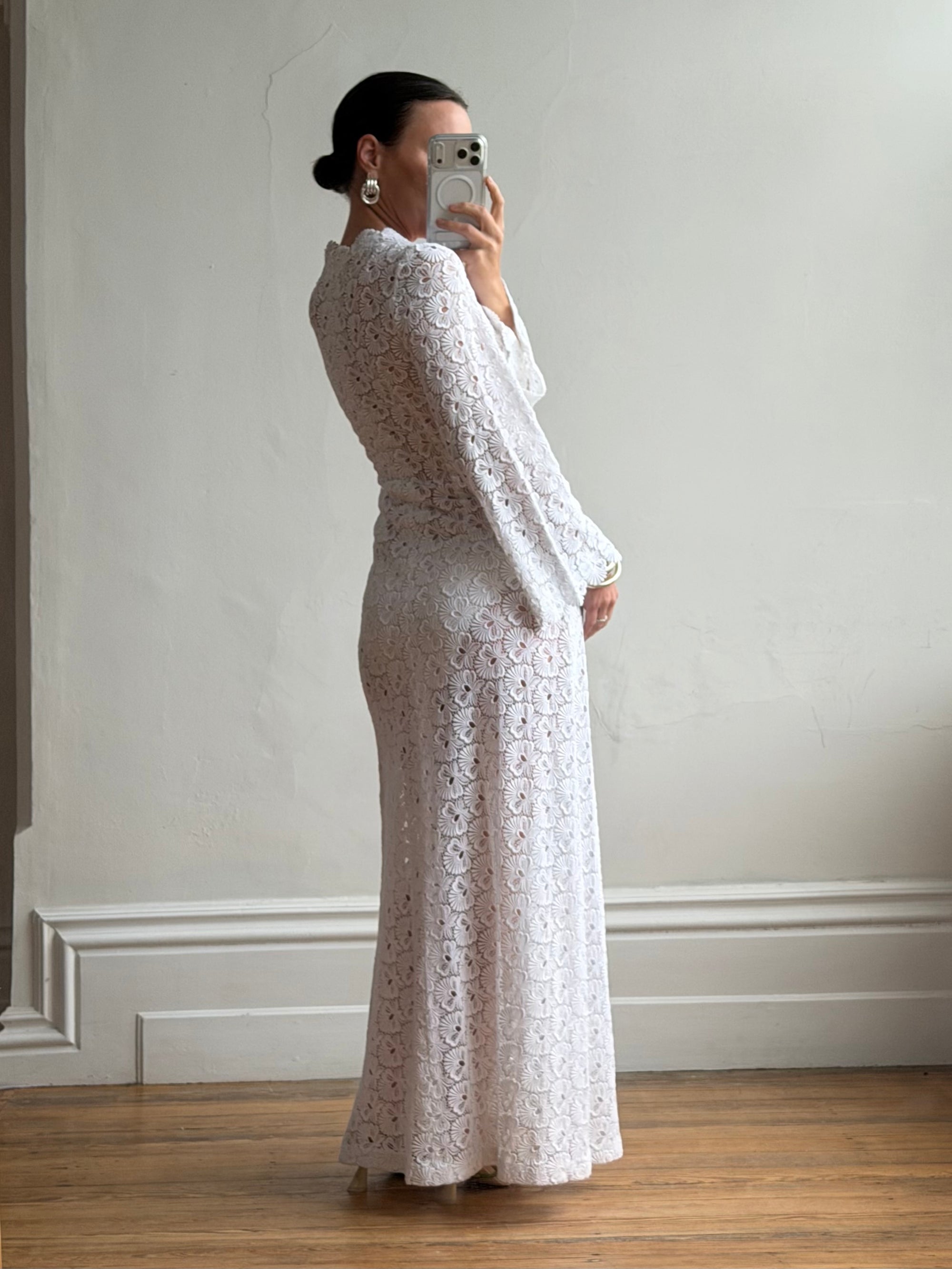 Vintage 60s Crochet Lace Long Sleeved Wedding Gown