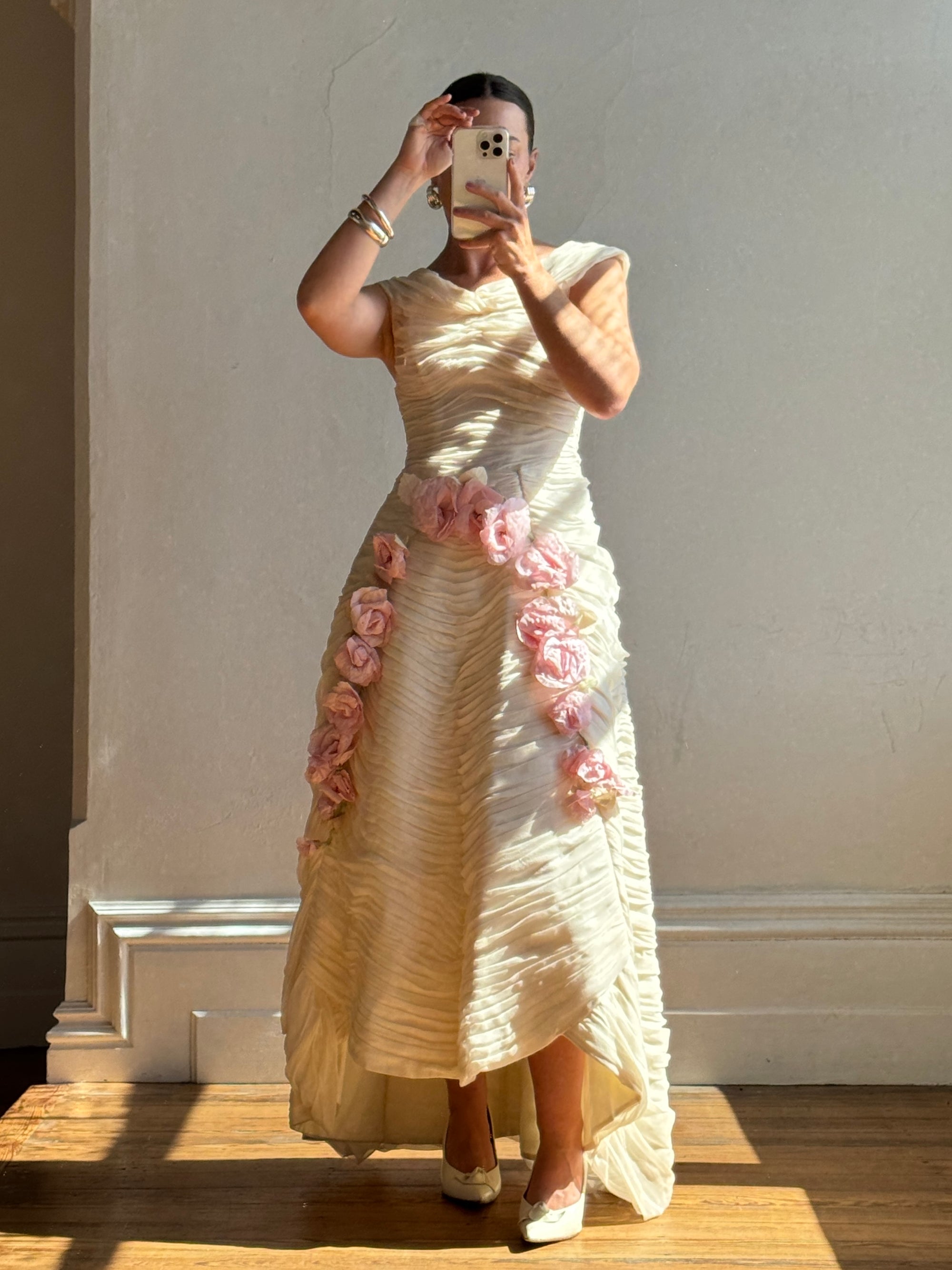 Vintage 60s Silk Pleated Wedding Gown with Pink Flowers