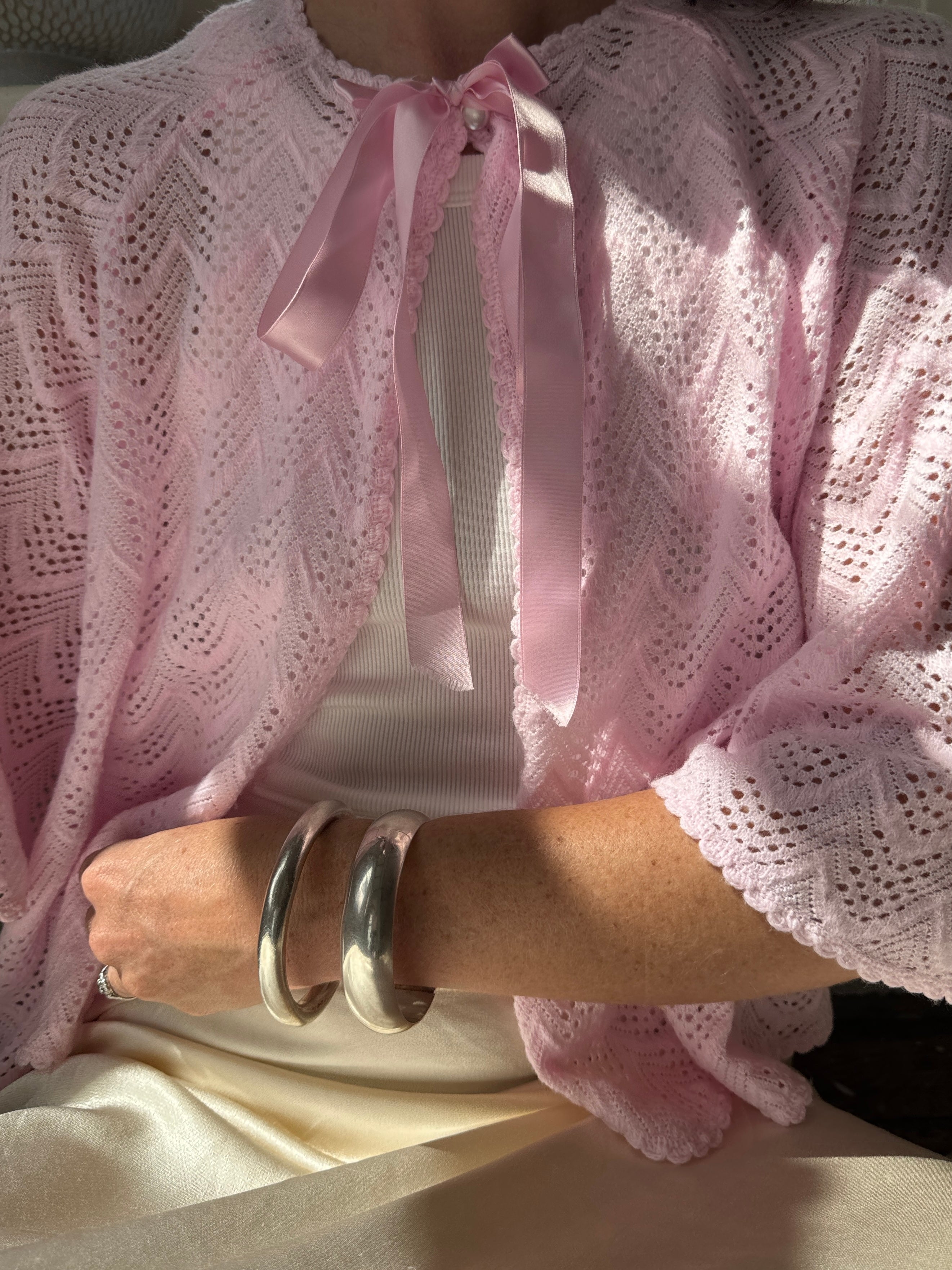 Vintage Ribbon Tie Cardi Marshmallow Pink
