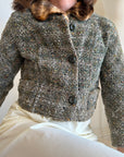 Vintage Olive Tweed Cropped Coat with Faux Fur Collar