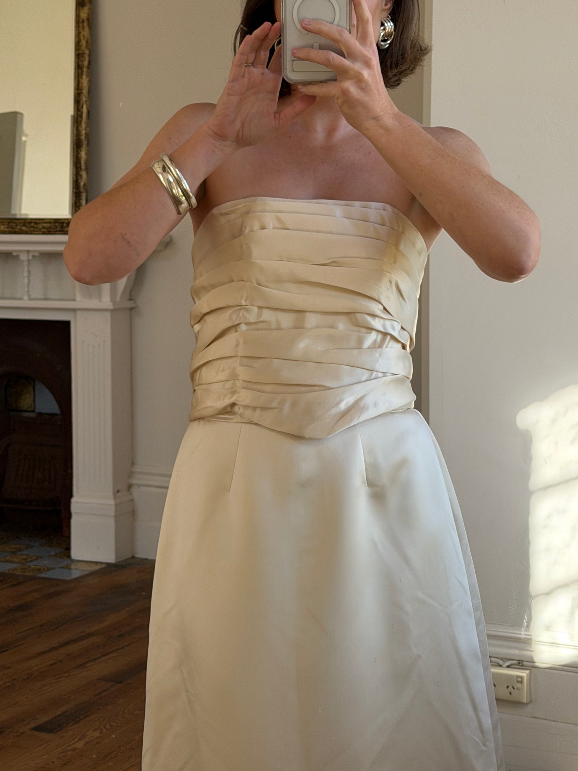Vintage 90s Ruched Satin Two Piece Bridal Set Champagne