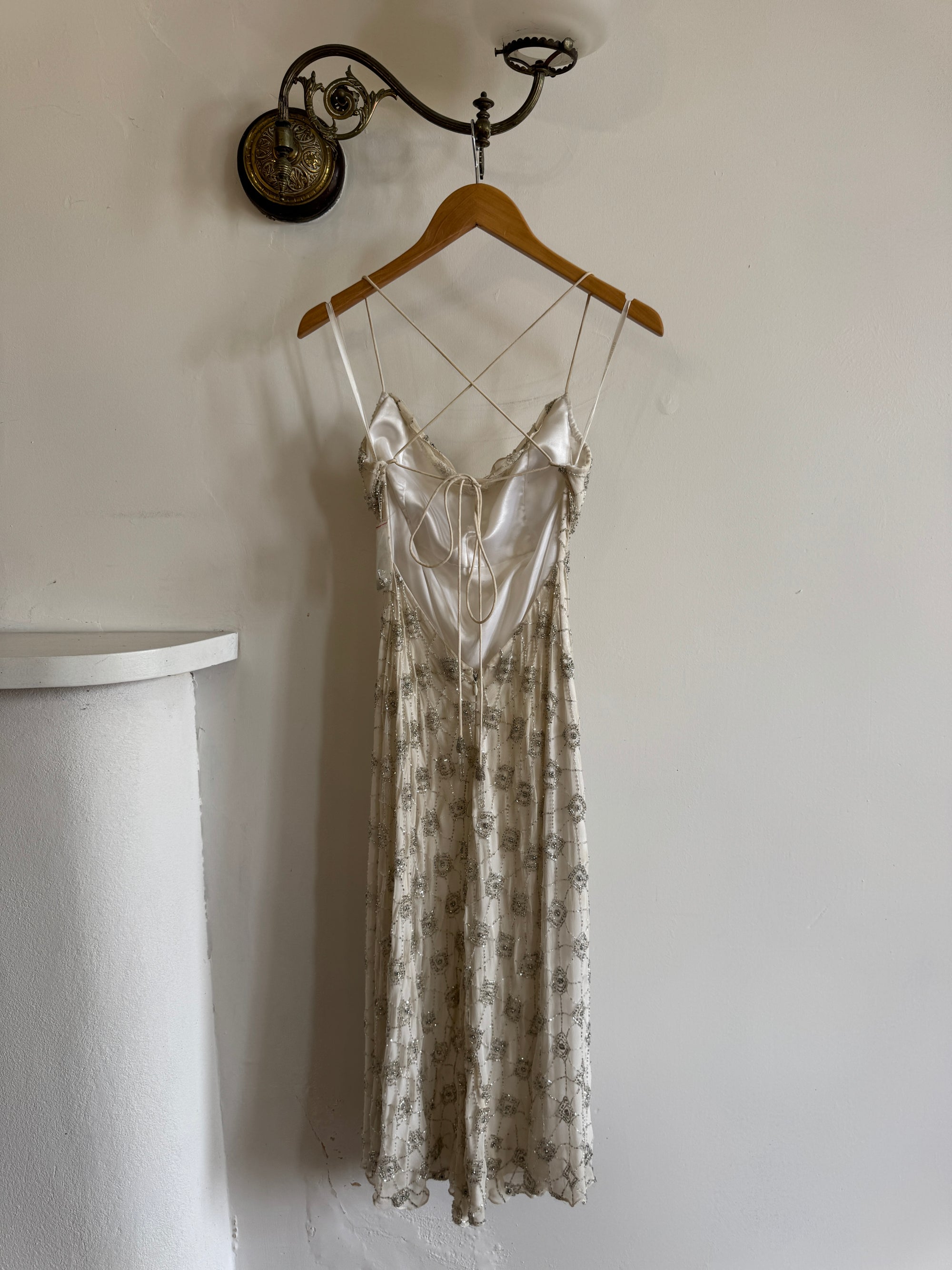 Vintage 90s Pure Silk Silver Beaded Tinsel Dress Ivory