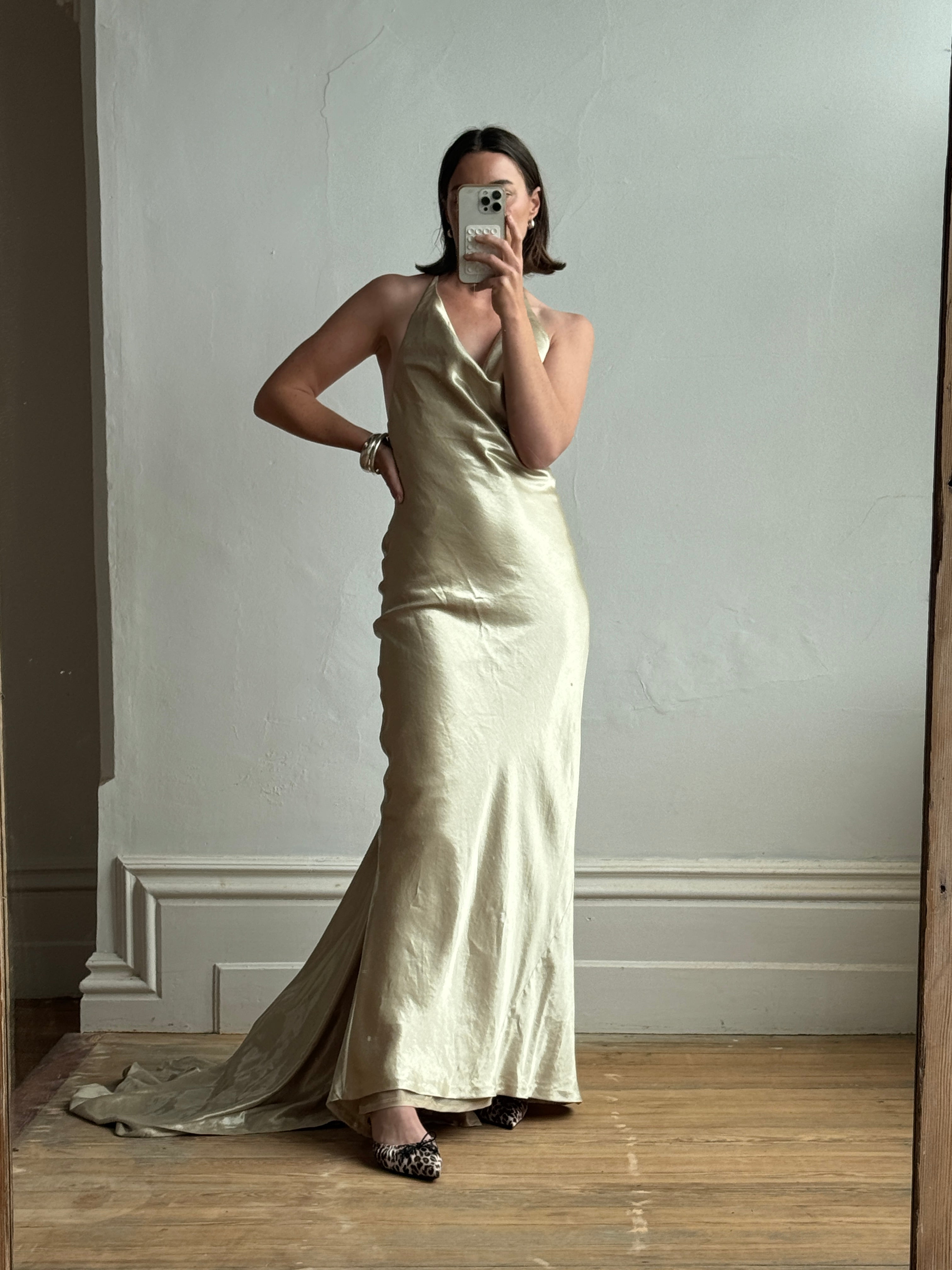 Vintage 90s Gold Shimmer Backless Gown