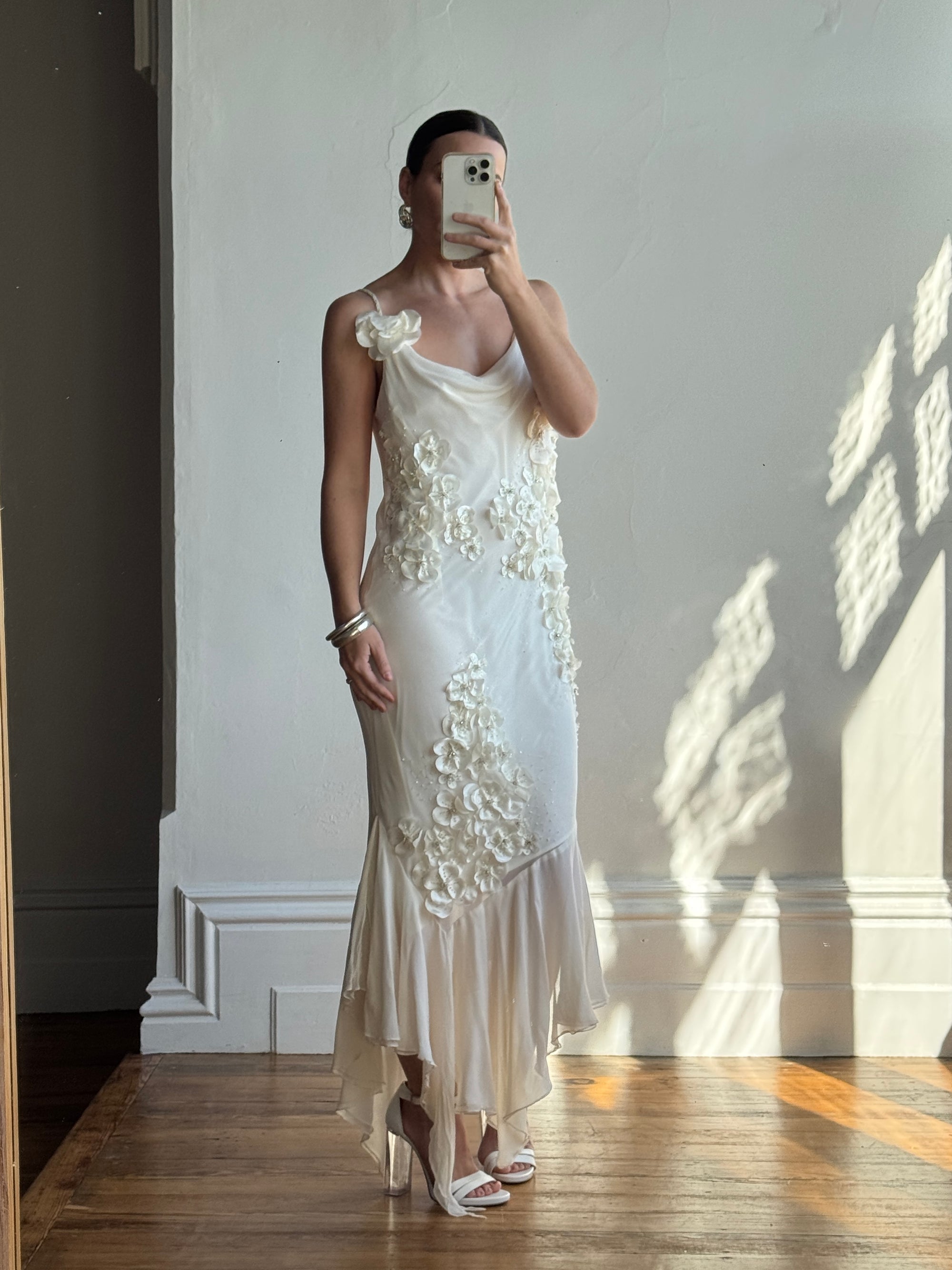 Vintage 90s Pure Silk 3D Floral Fairy Dress Ivory