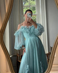 Vintage 80s Sky Blue Tulle Off Shoulder Party Dress
