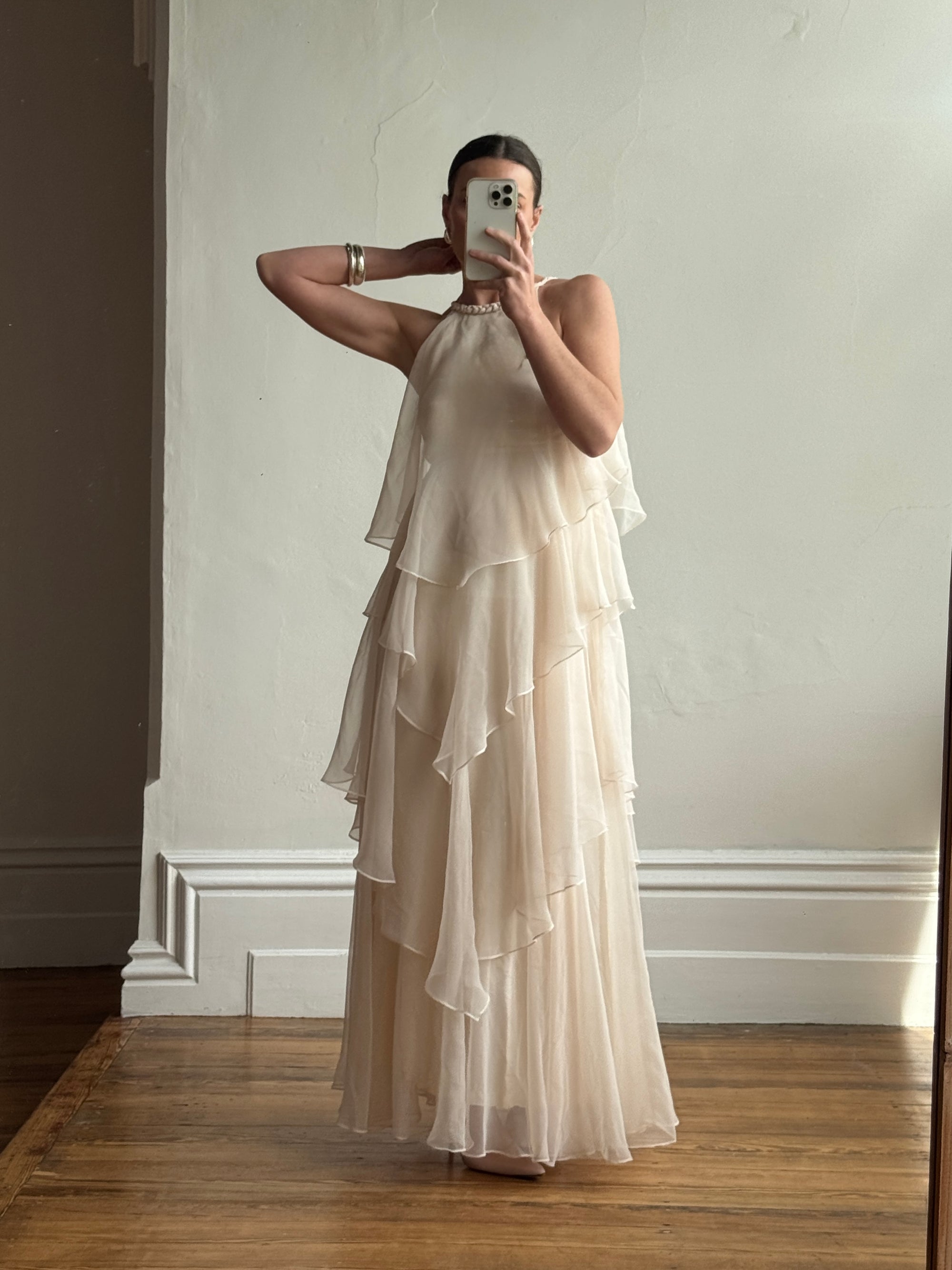 70s chiffon dress 70s Striped Chiffon Gown With Optional Tie Waist