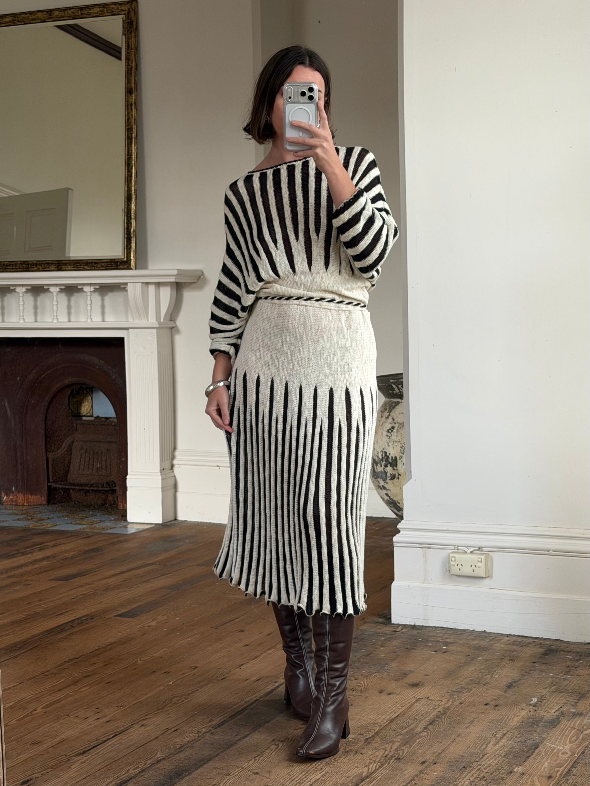 Vintage 70s Knit Batwing Midi Dress Black and Cream