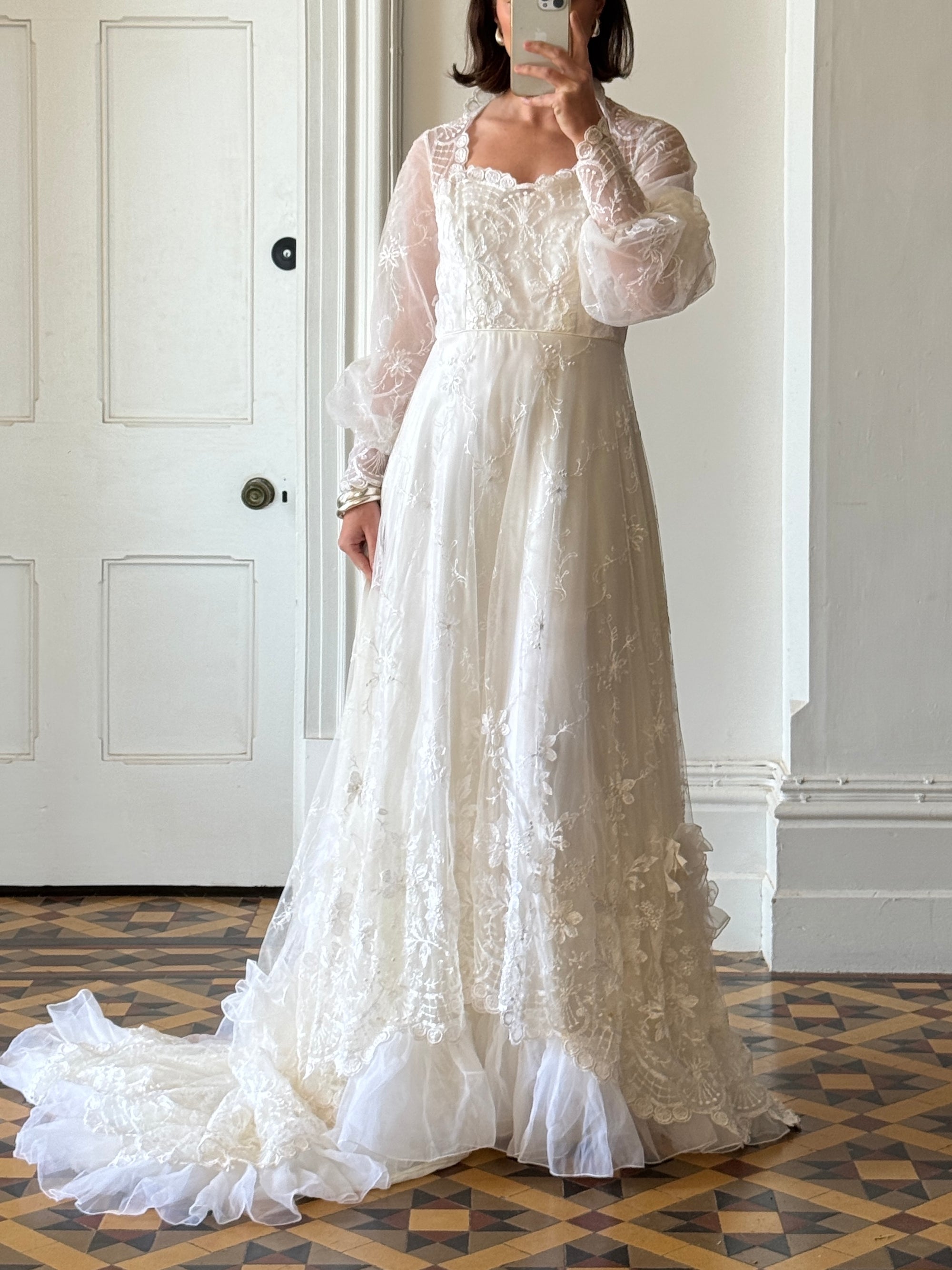 Vintage 70s Embroidered Prairie Long Sleeved Wedding Gown