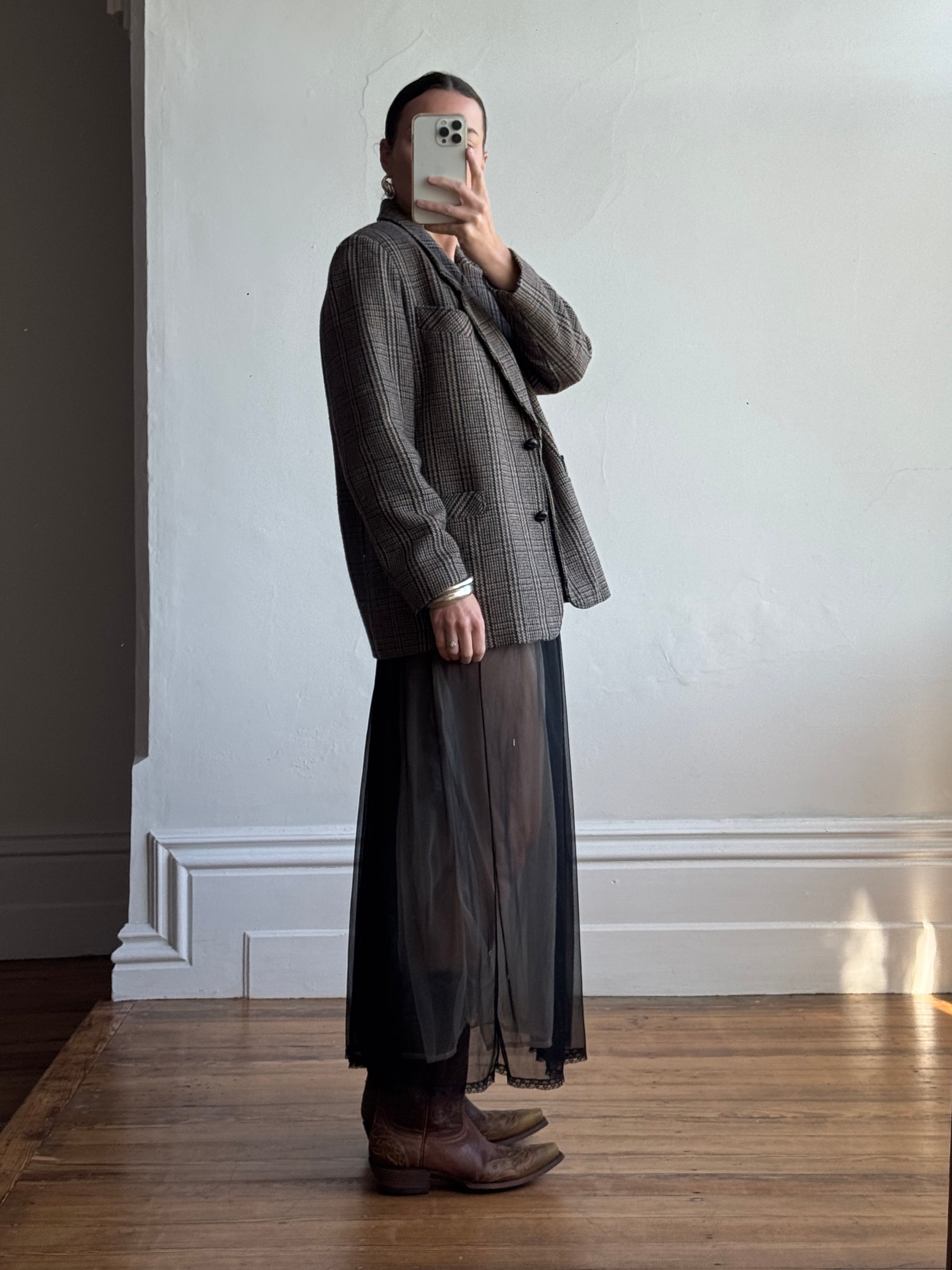 Vintage 80s Wool Blend Plaid Blazer Navy Brown