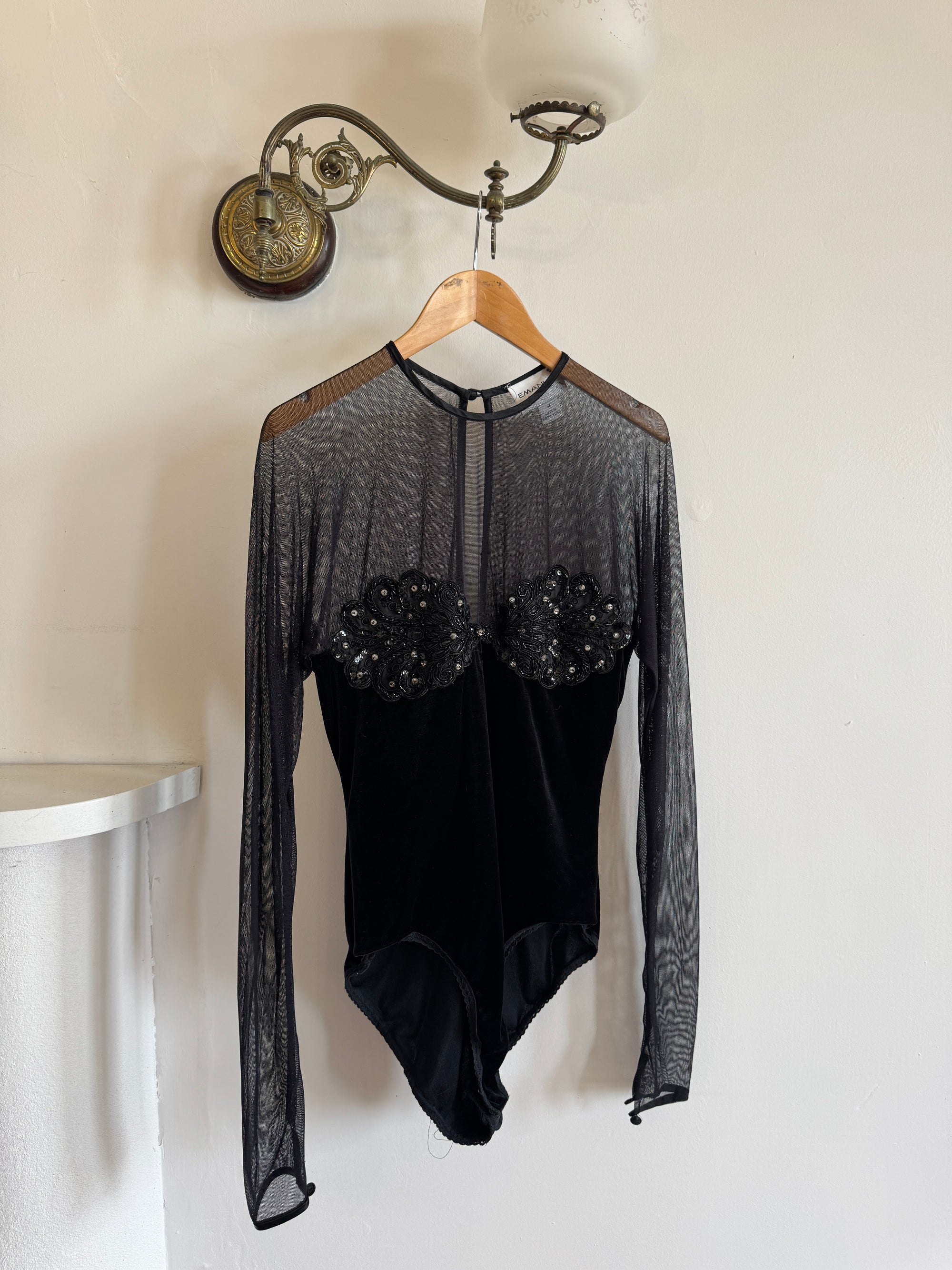 Vintage 90s Emanuel Ungaro Velvet Mesh Embroidered Bodysuit