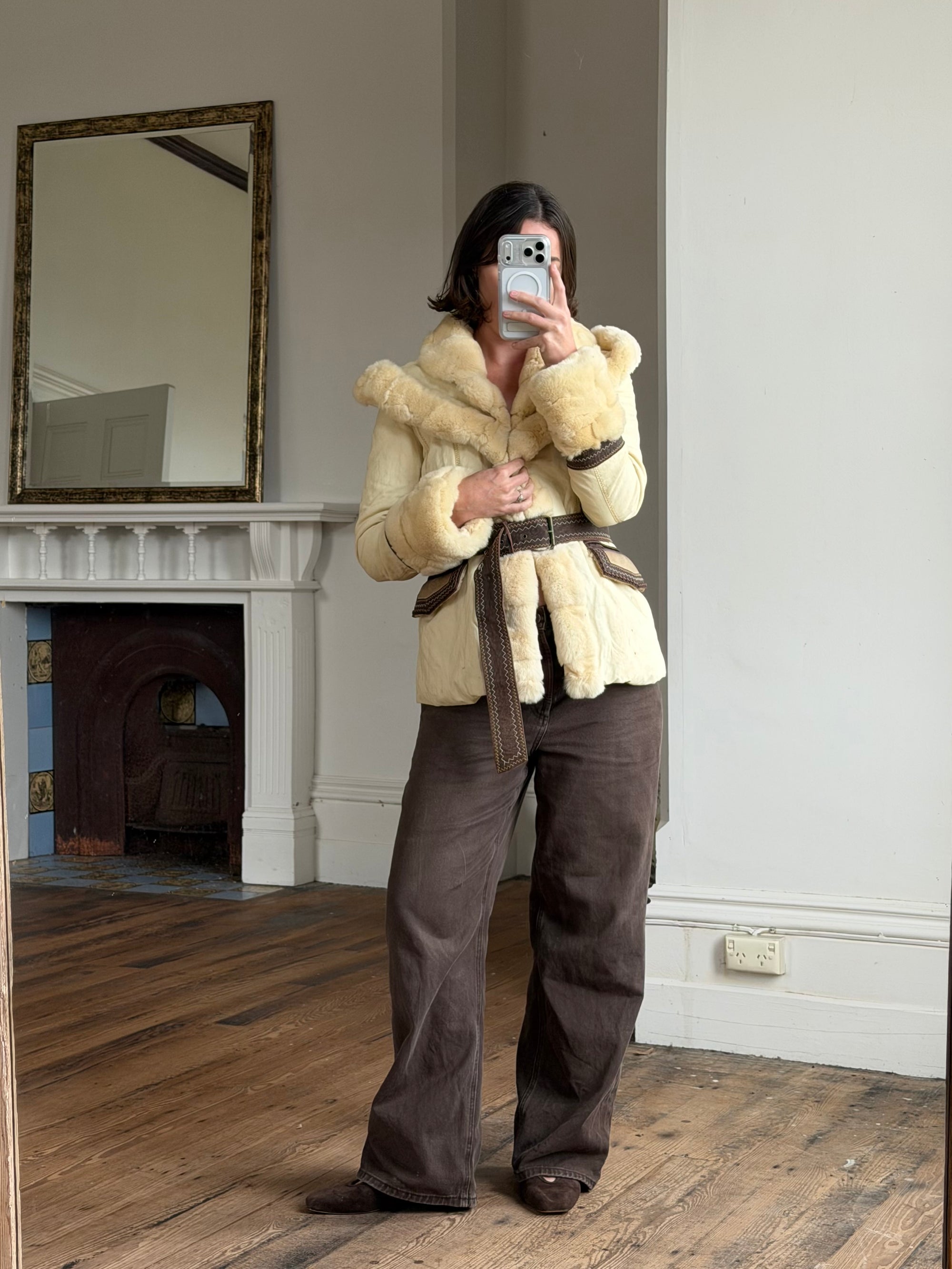 Vintage Y2K Italian Leather and Fur Belted Jacket with Hood