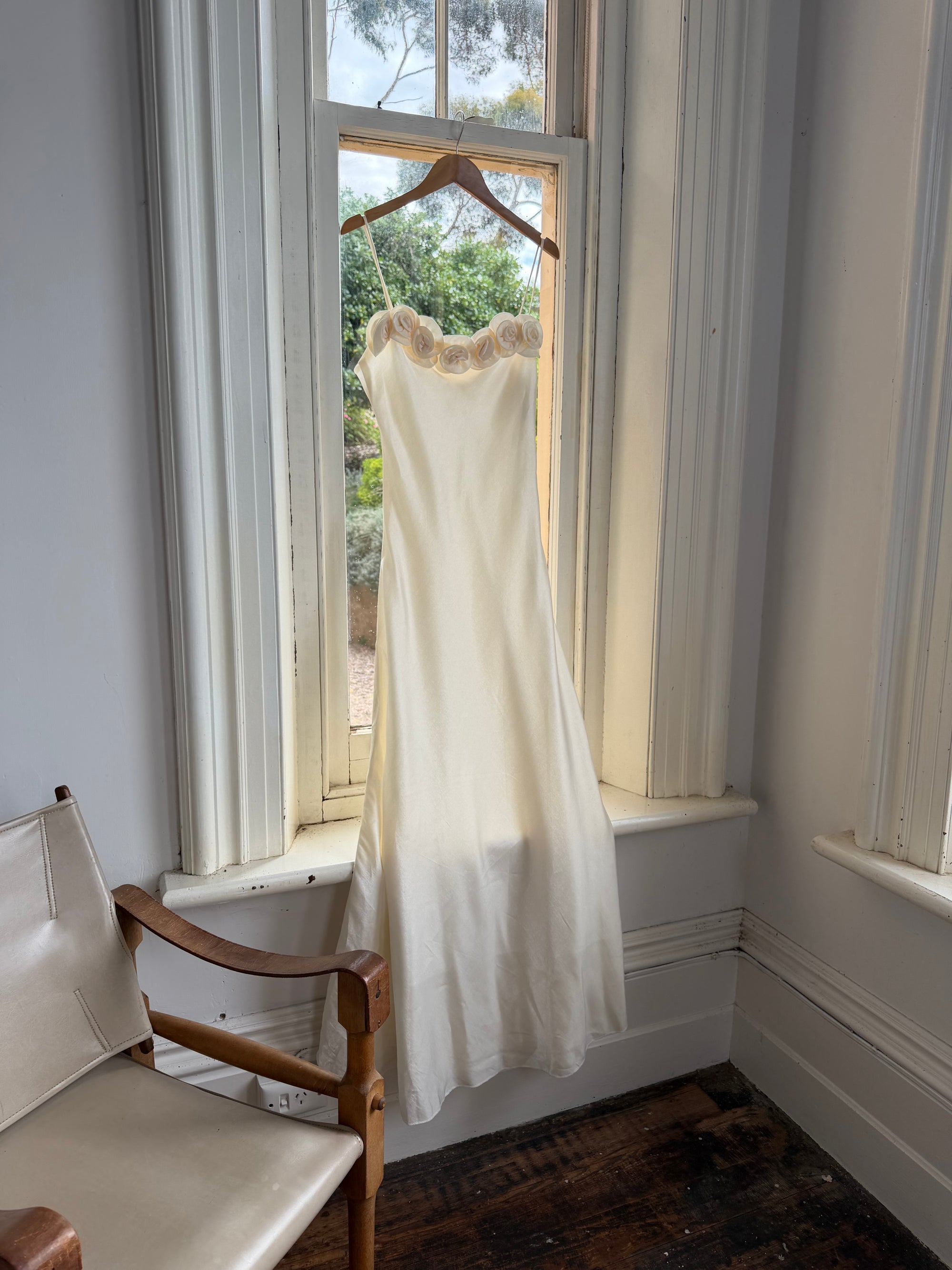 Vintage Y2K Rosette Bridal Slip Dress Champagne Satin