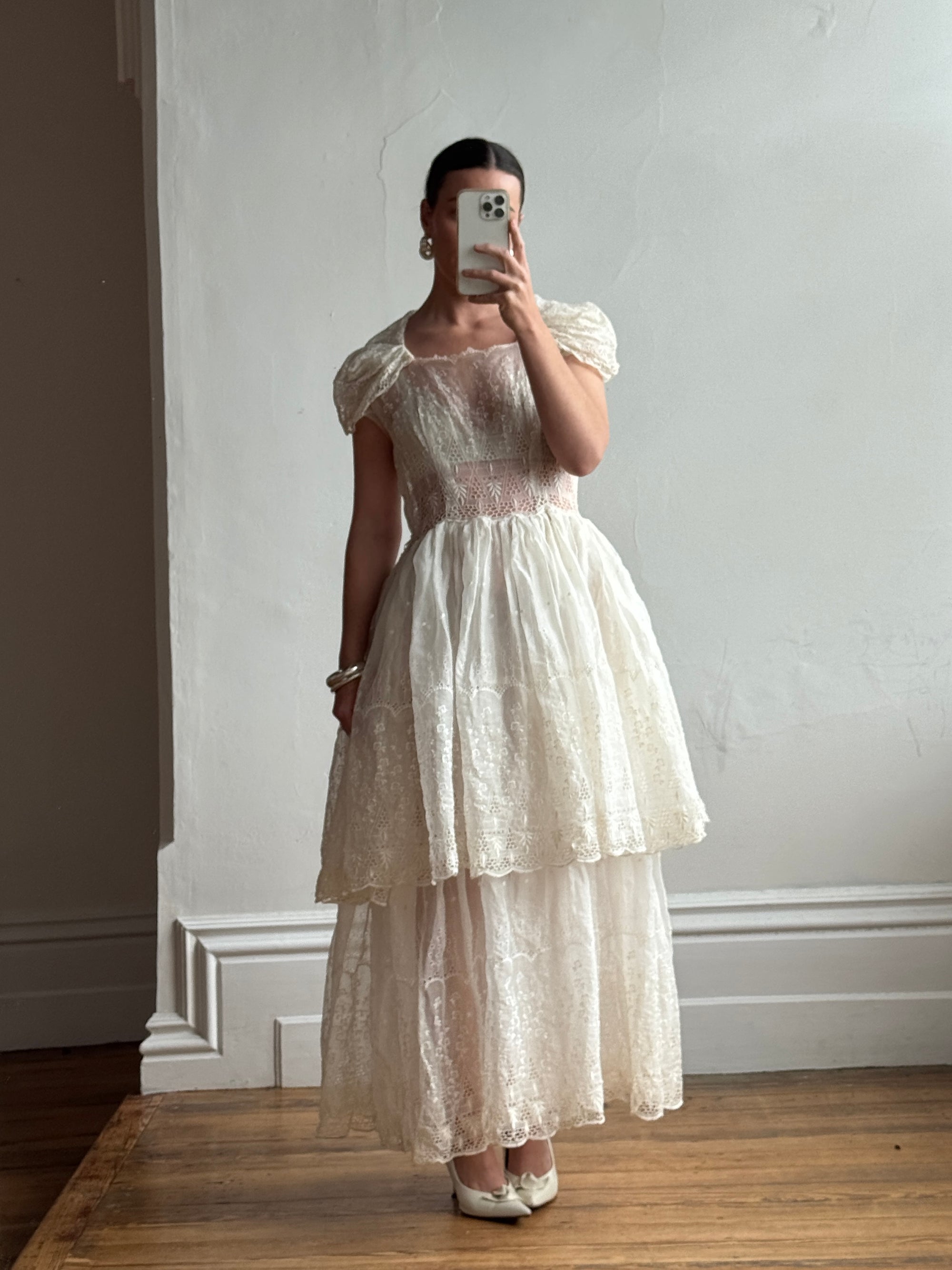 Vintage 50s Sheer Brodiere Anglaise Tiered Wedding Dress