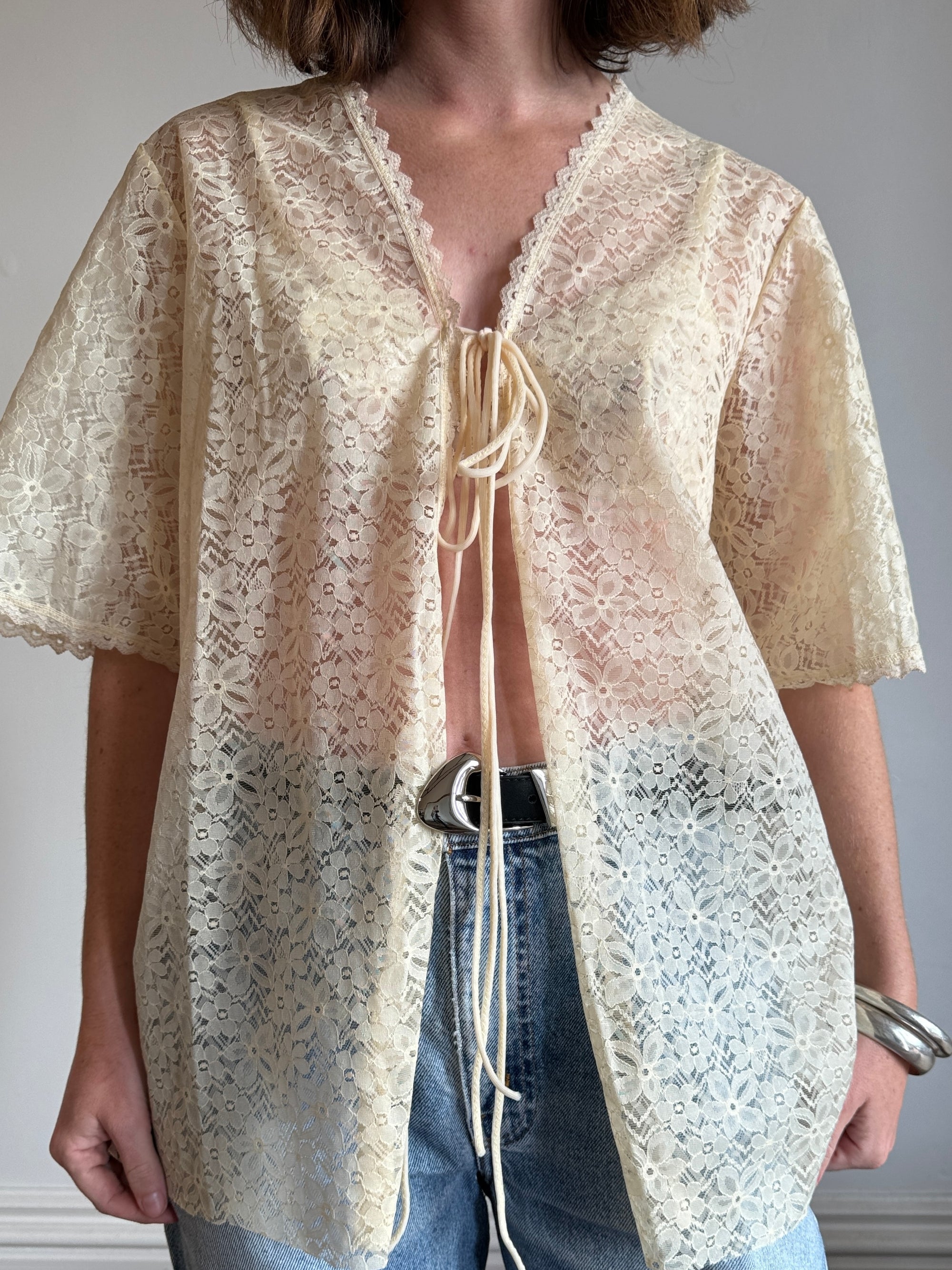 Vintage Creme Lace Tie Top