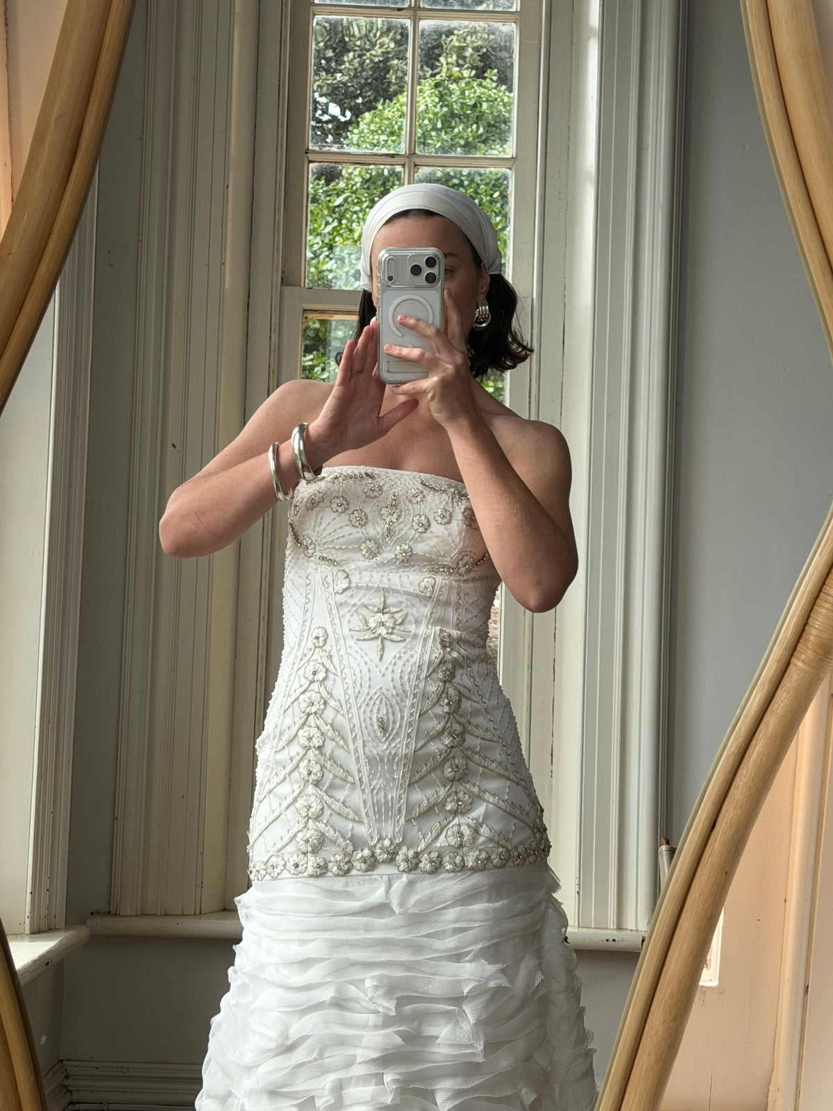 Vintage 90s Strapless Embellished Ruffled Wedding Gown