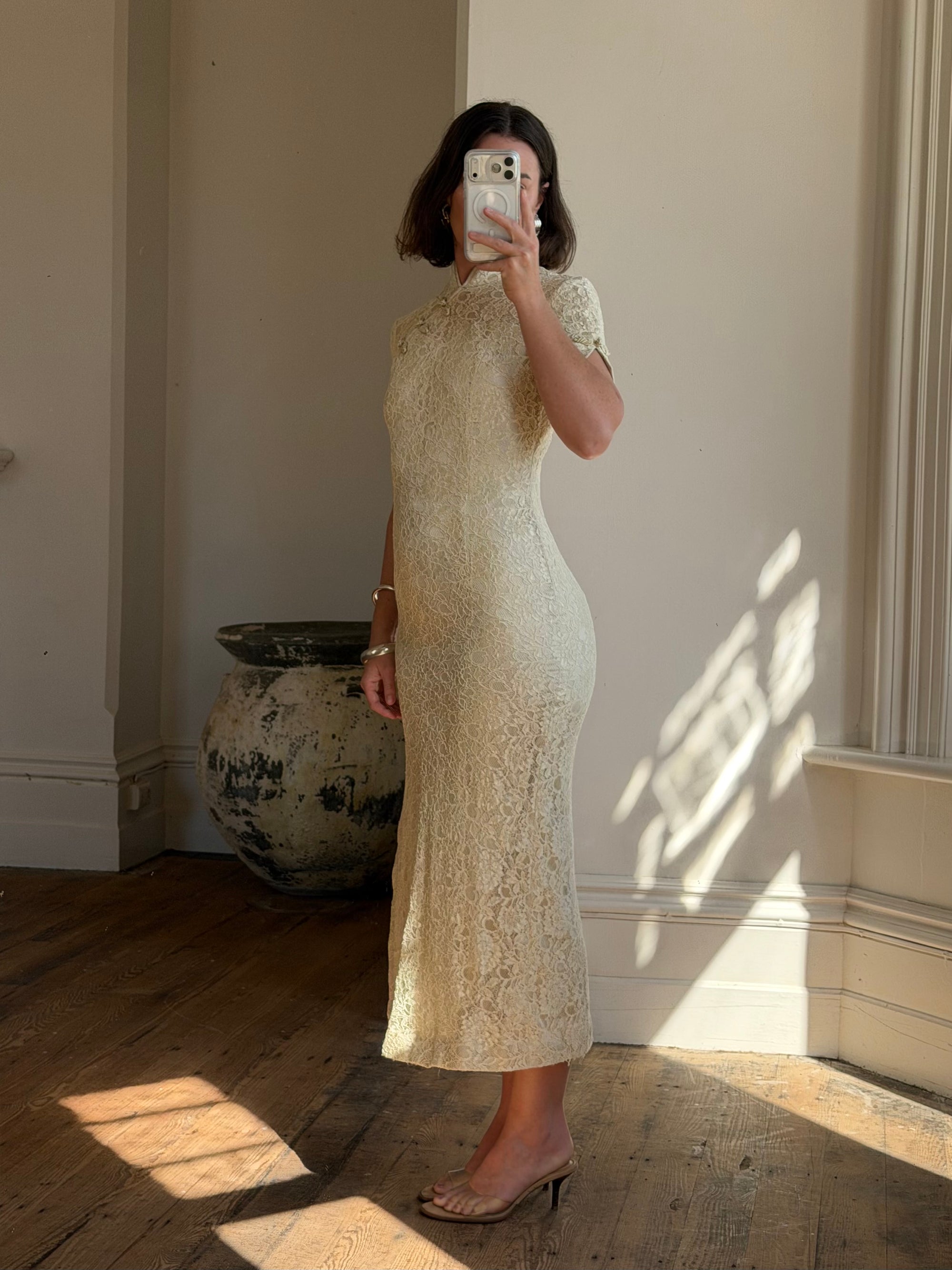 Vintage 90s Mandarin Collar Guipure Lace Midi Dress