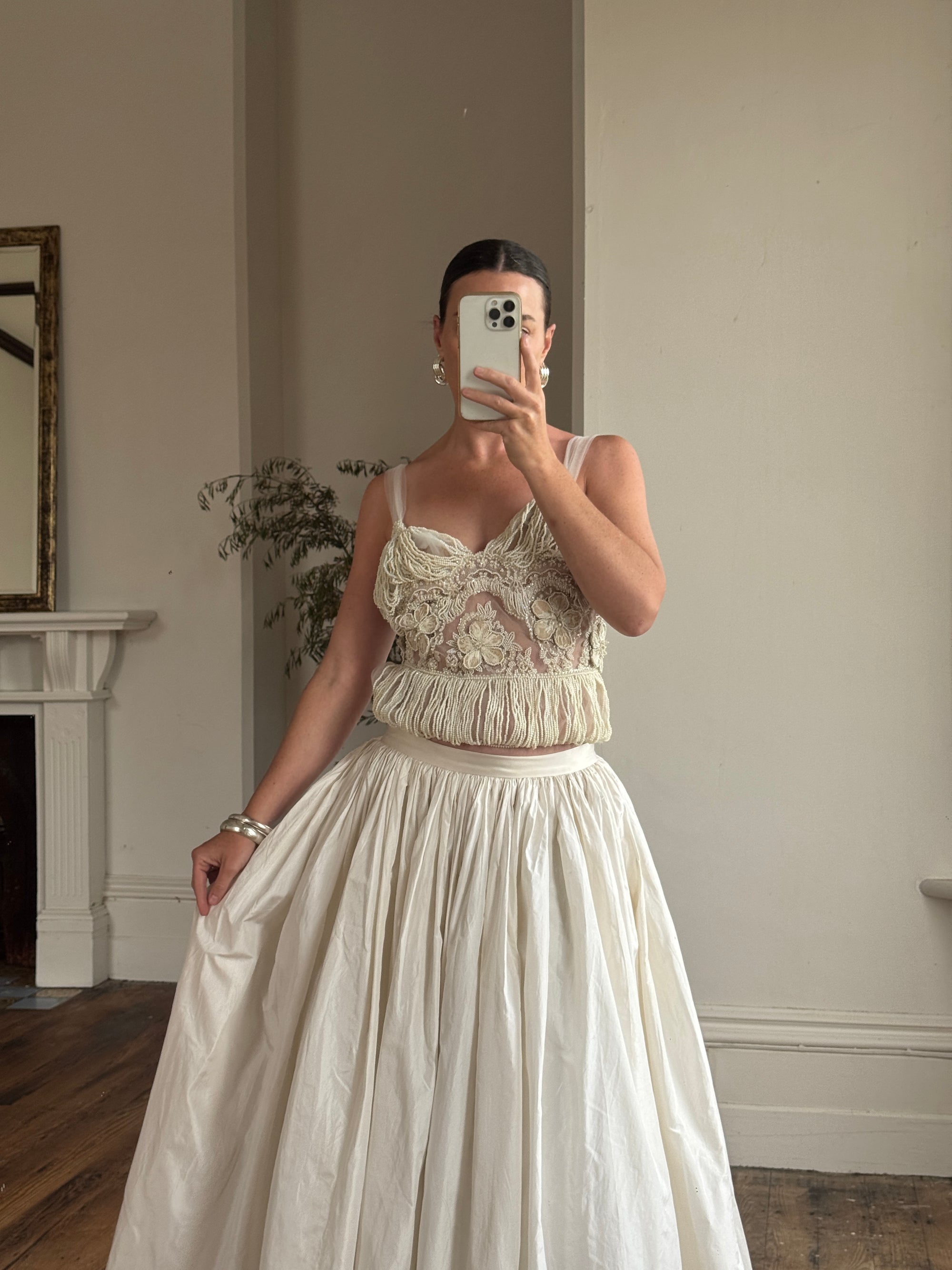 Vintage 90s Two Piece Tulle Beaded Top and Princess Silk Satin Skirt