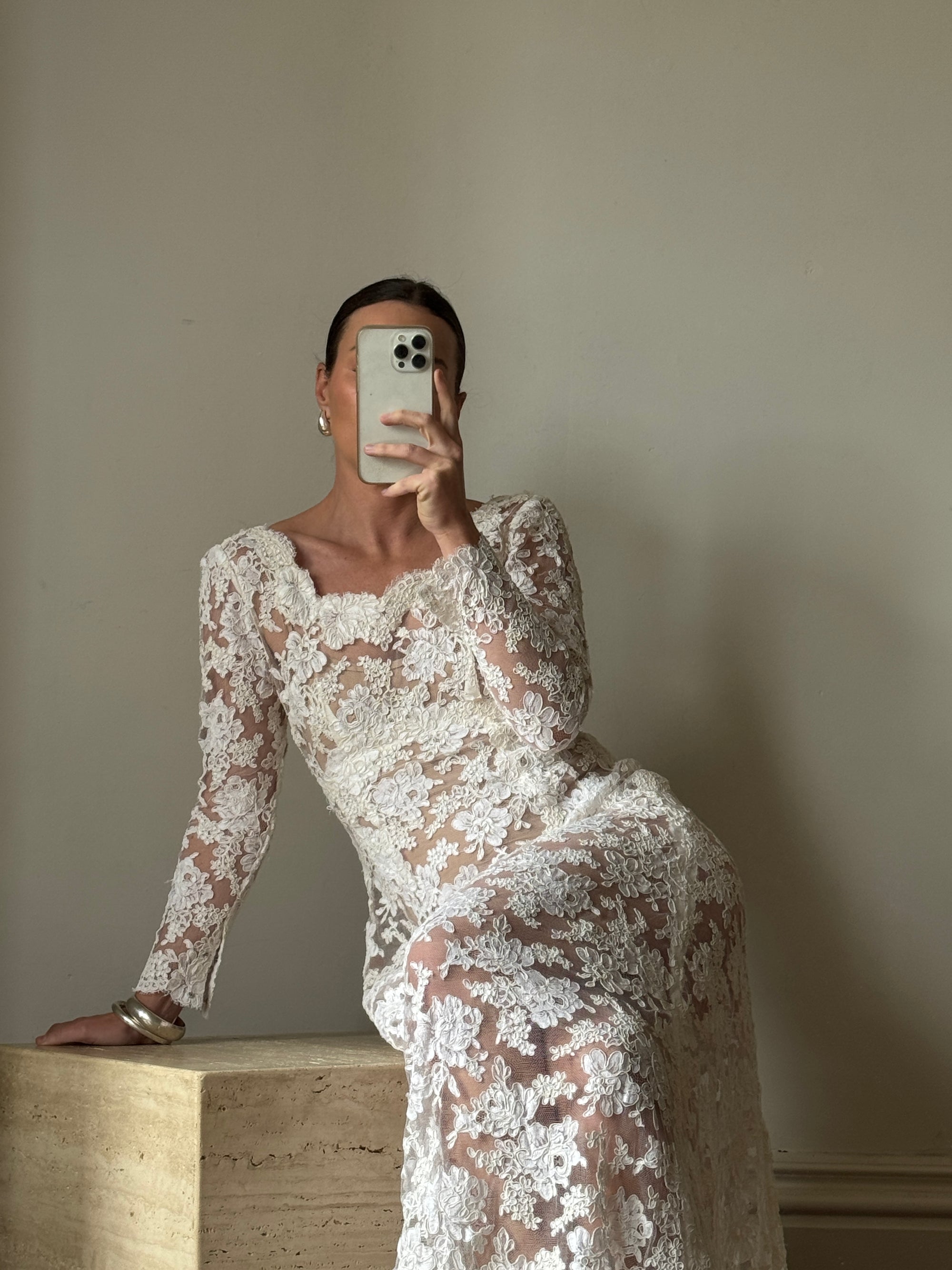 Vintage 60s Guipure Lace Long Sleeve Wedding Gown with Train