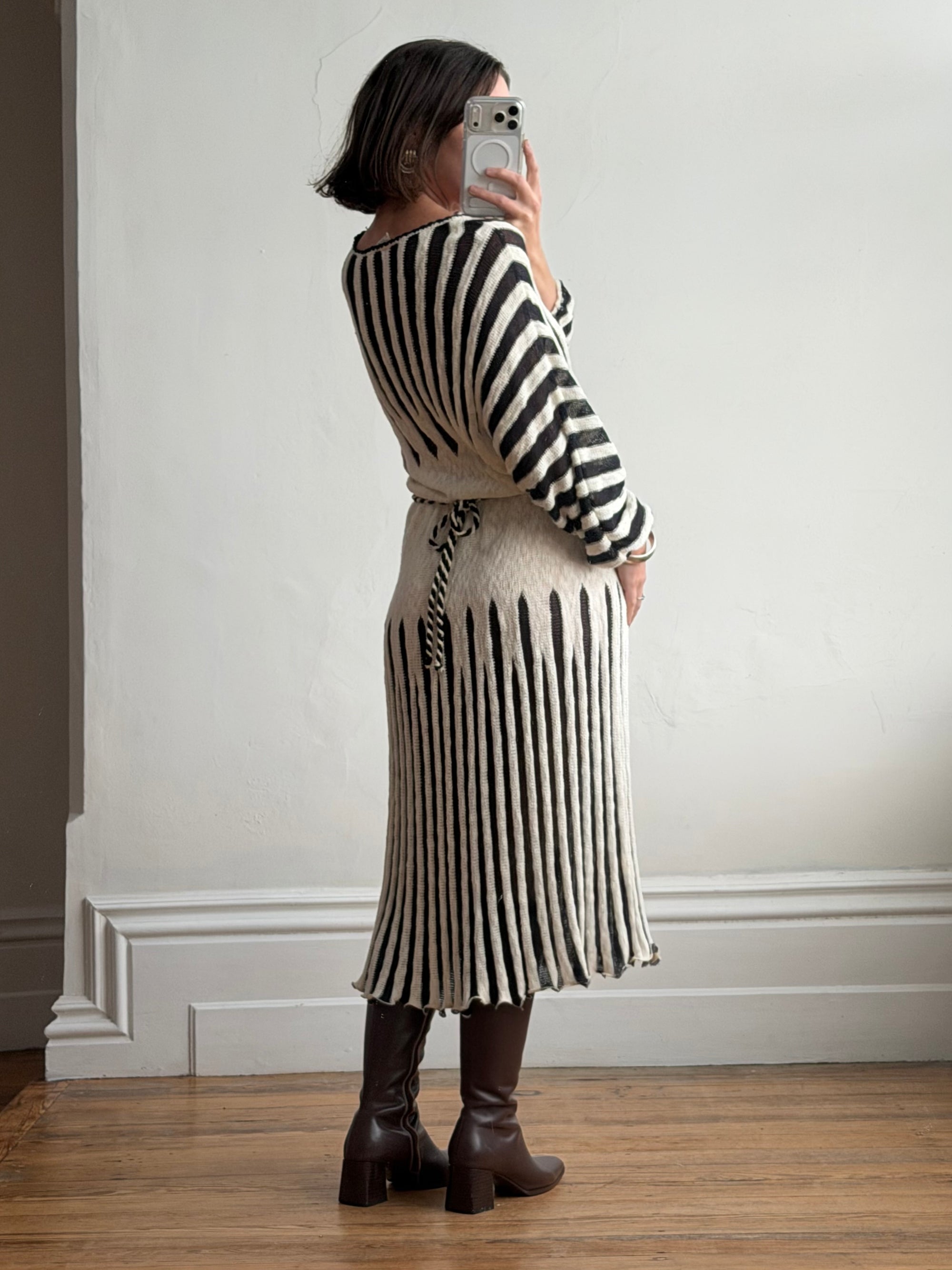 Vintage 70s Knit Batwing Midi Dress Black and Cream